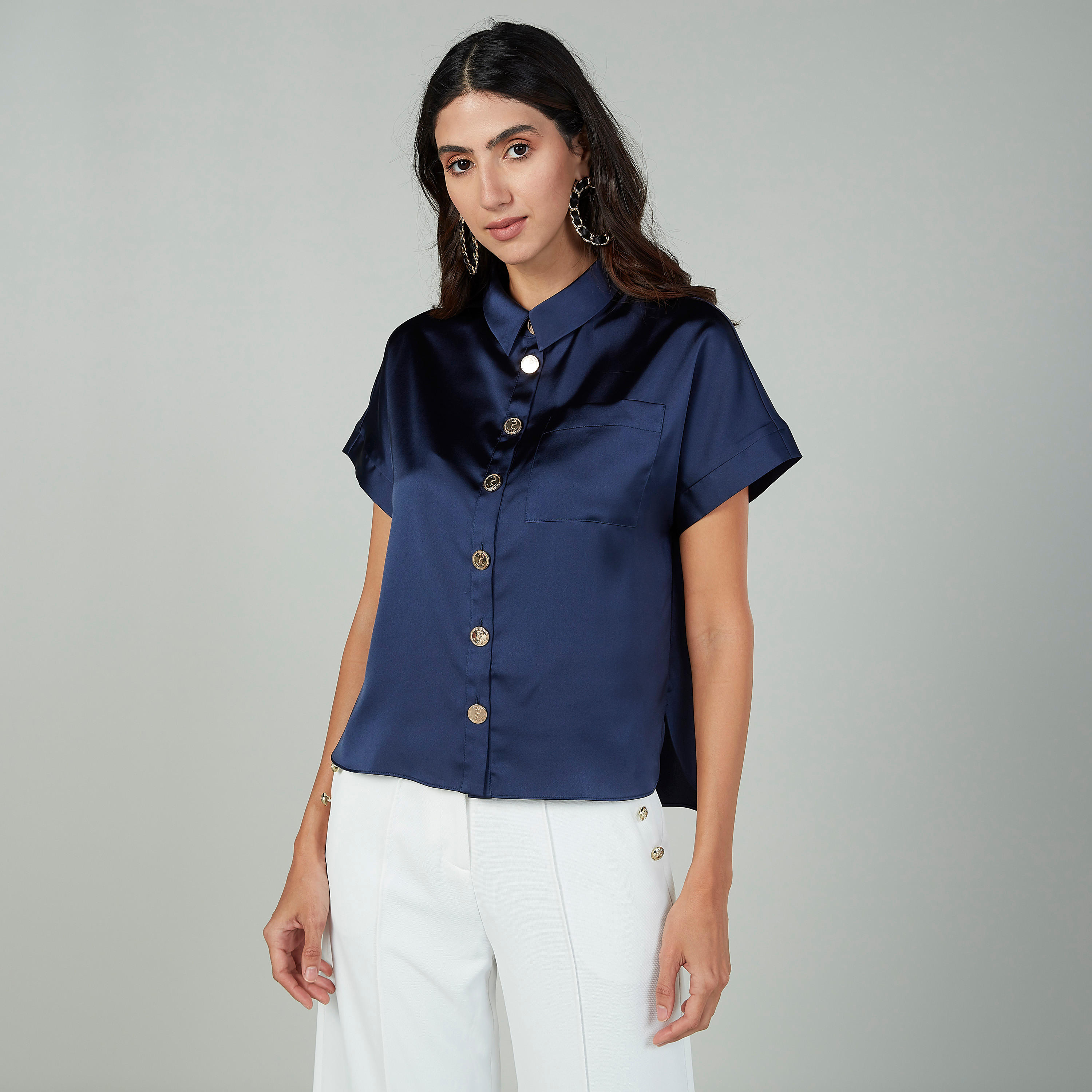 Plain Top with Short Sleeves and Spread Collar-women-clothing-shirtsandblouses-blouses-image-1