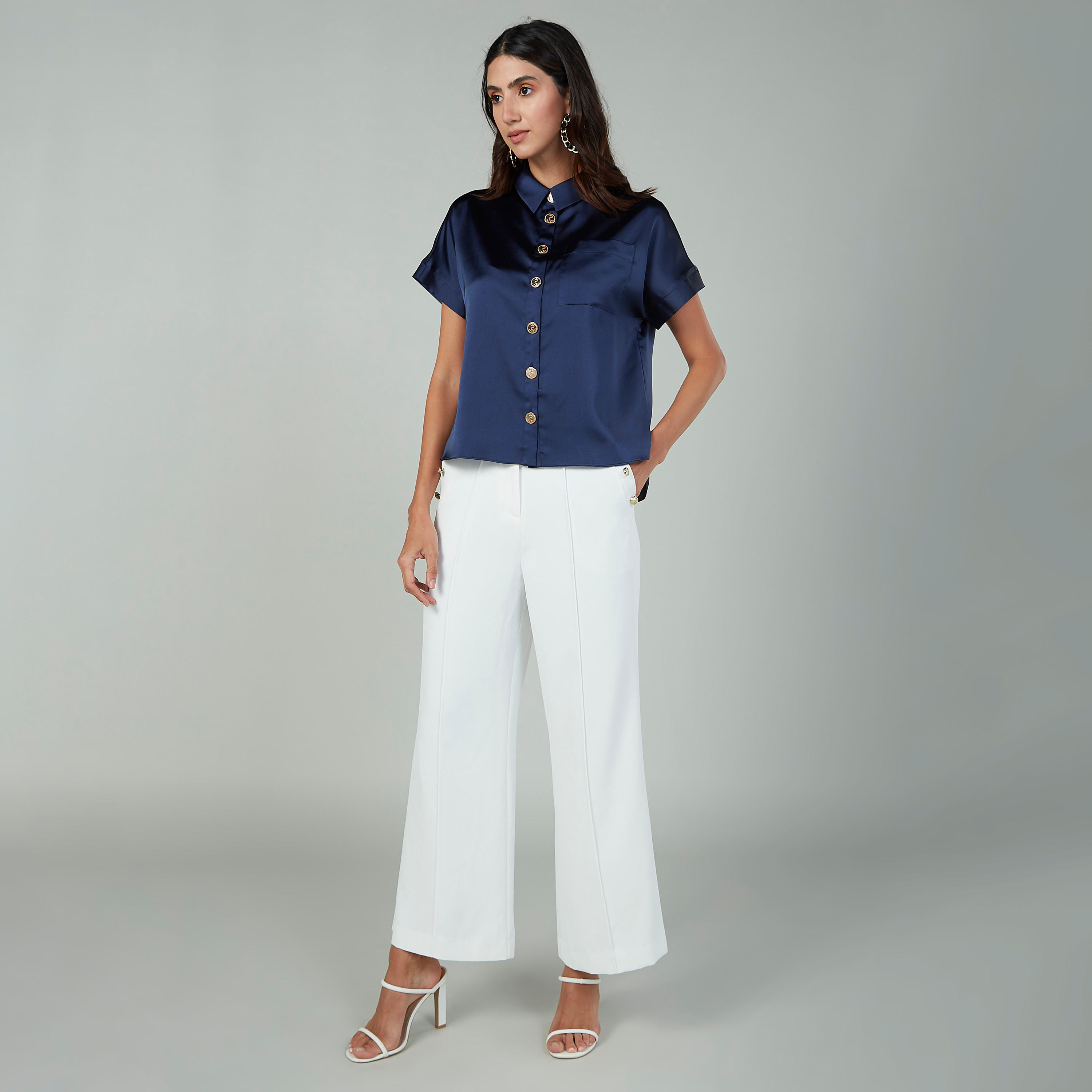 Plain Top with Short Sleeves and Spread Collar-women-clothing-shirtsandblouses-blouses-image-2