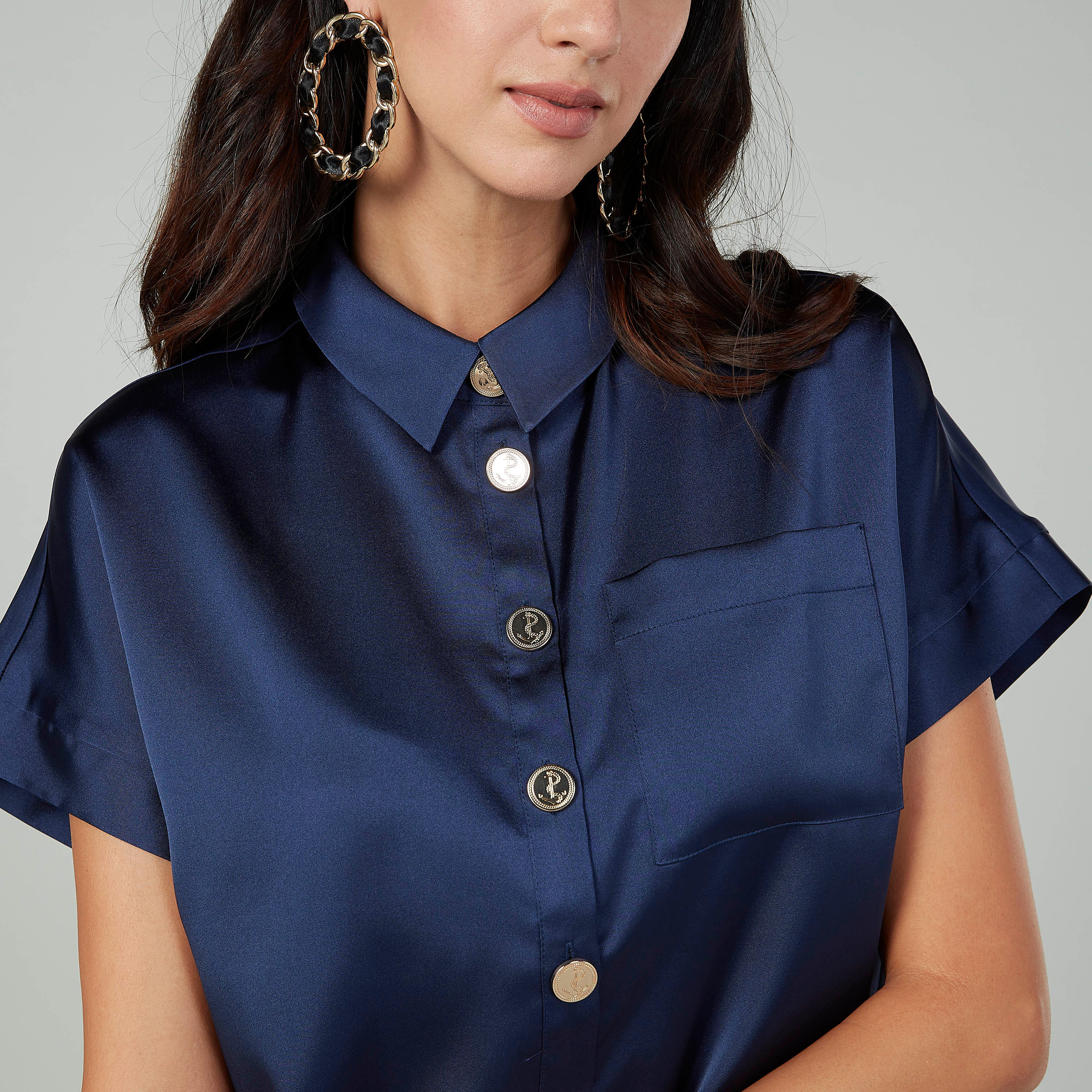Plain Top with Short Sleeves and Spread Collar-women-clothing-shirtsandblouses-blouses-image-3