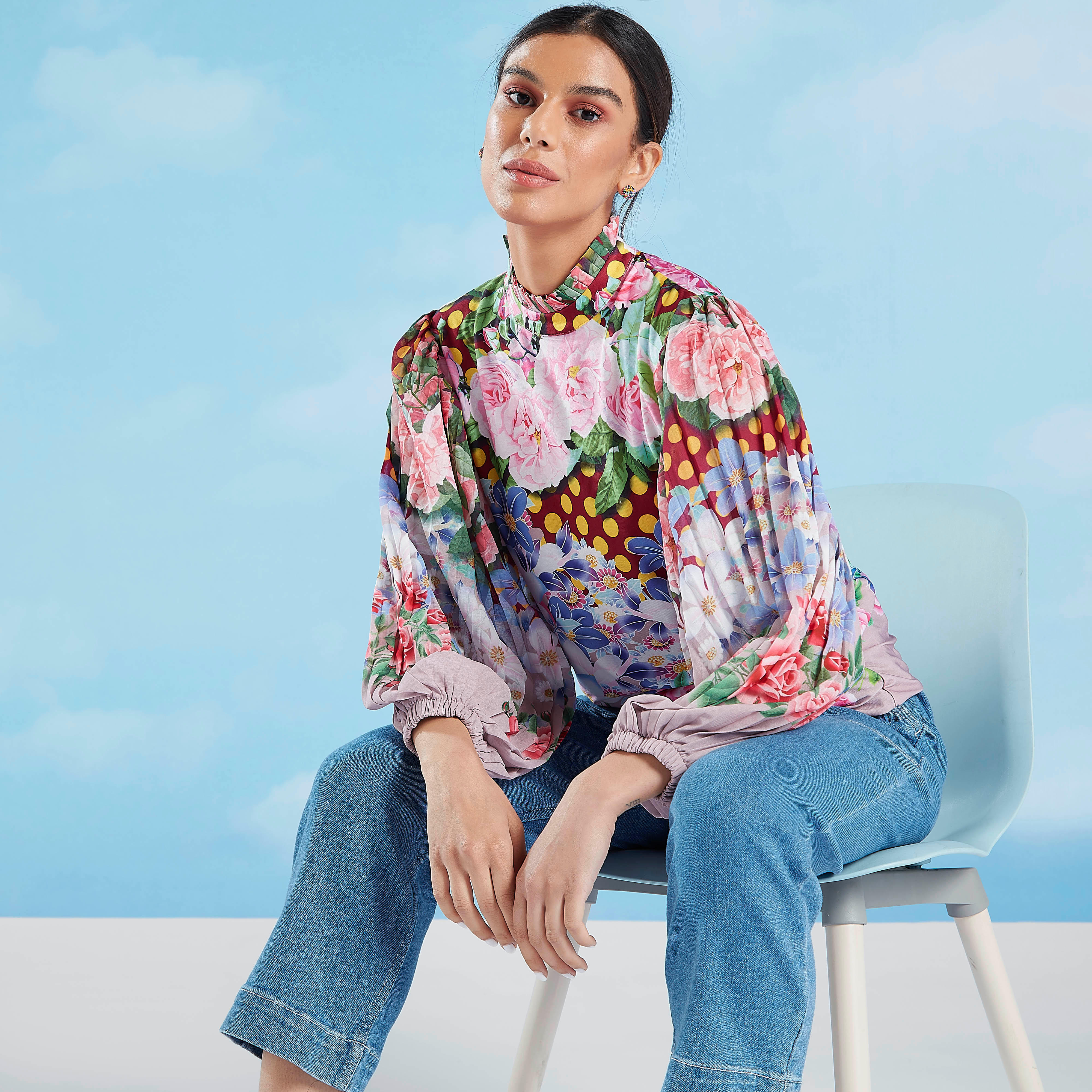 Floral Printed Top with High Neck and Bishop Sleeves-women-clothing-shirtsandblouses-blouses-image-1