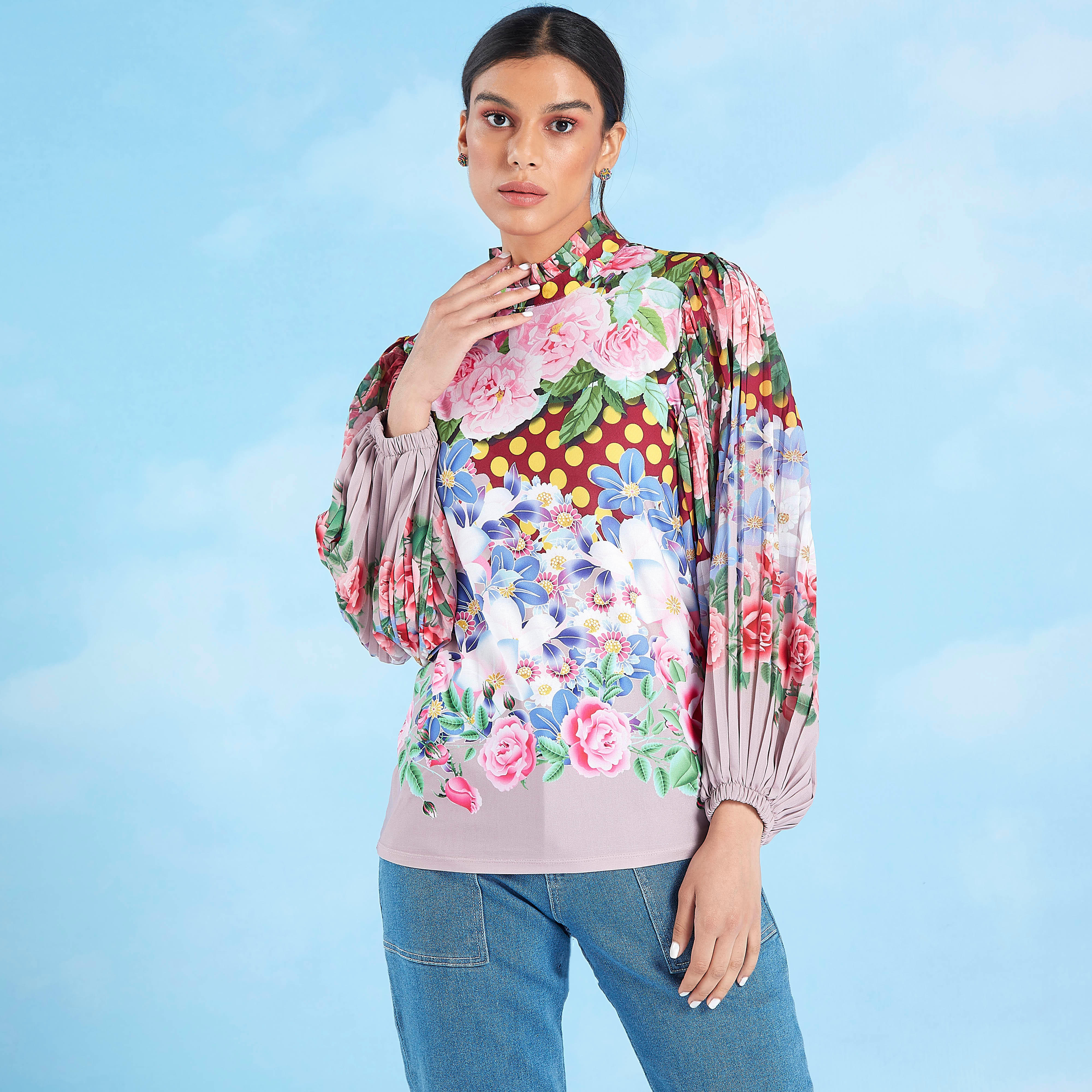 Floral Printed Top with High Neck and Bishop Sleeves-women-clothing-shirtsandblouses-blouses-image-2