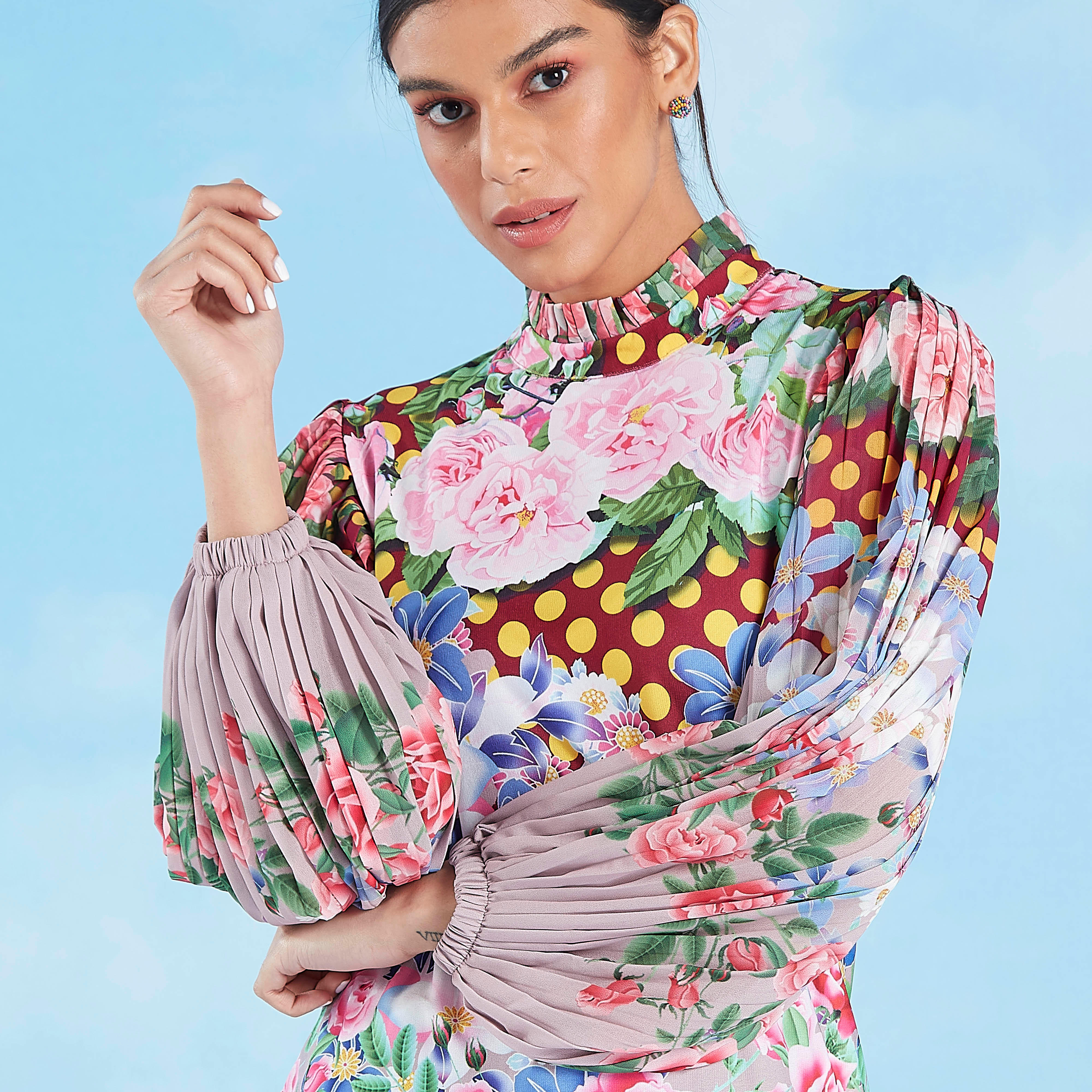 Floral Printed Top with High Neck and Bishop Sleeves-women-clothing-shirtsandblouses-blouses-image-3