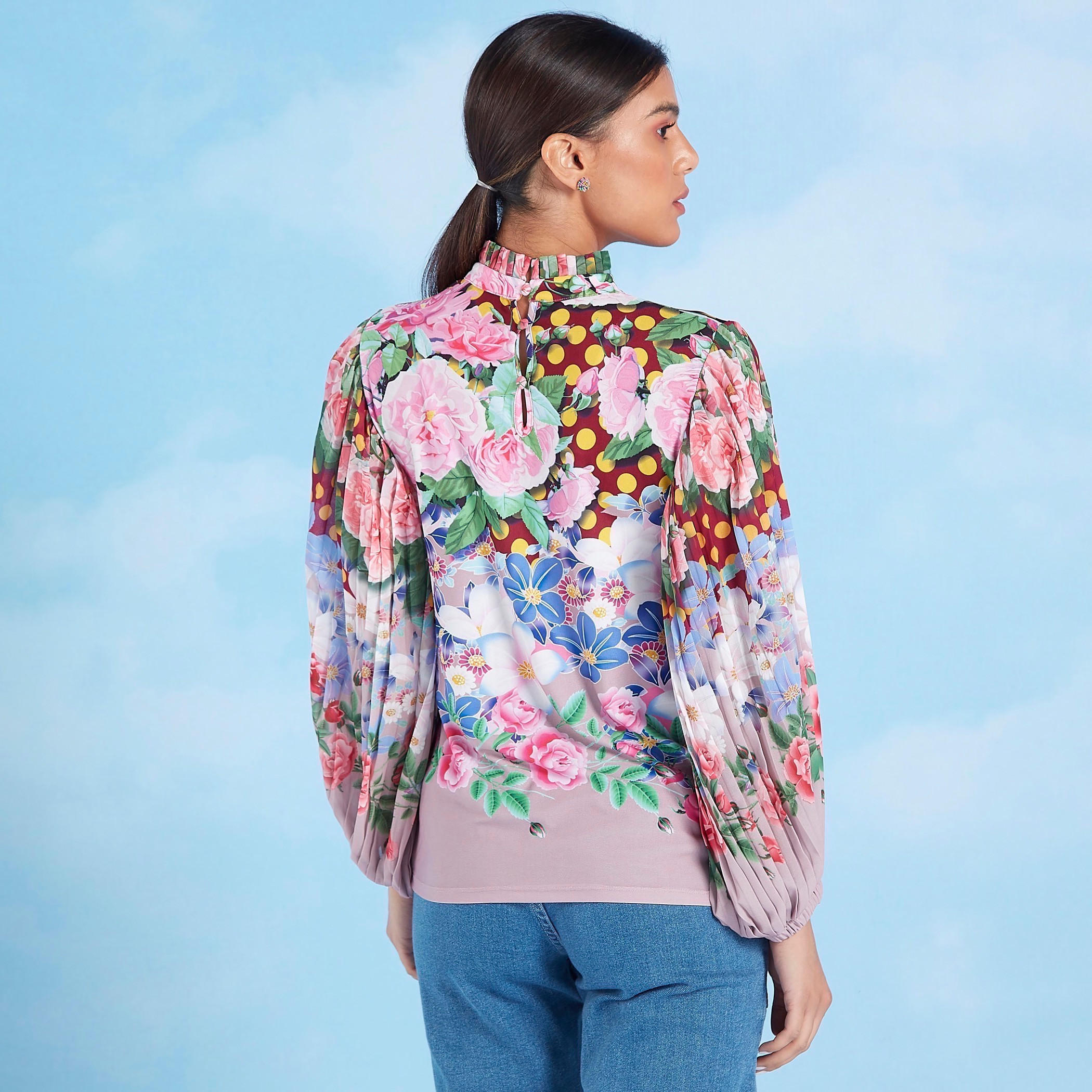 Floral Printed Top with High Neck and Bishop Sleeves-women-clothing-shirtsandblouses-blouses-image-4