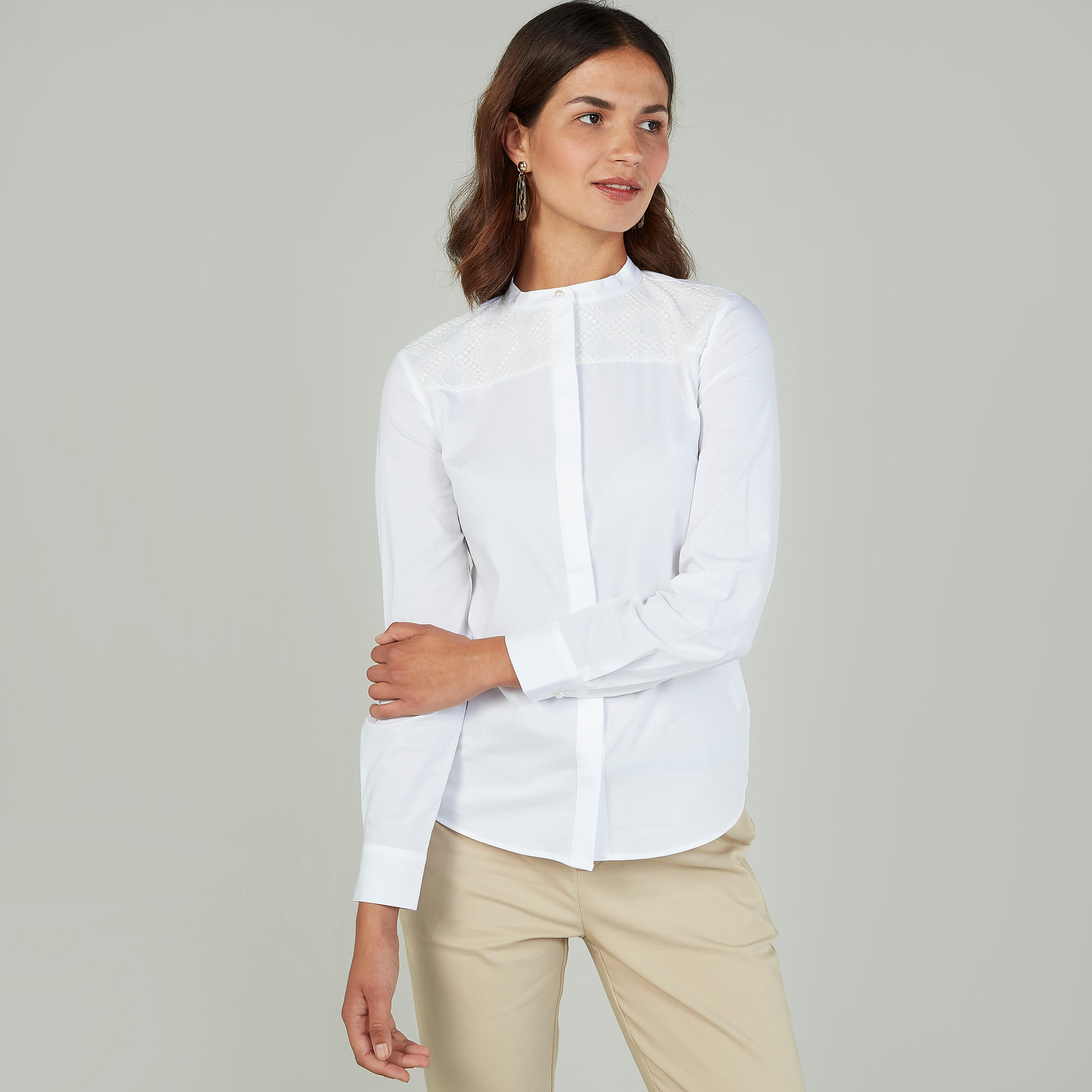 بلوزة بارزة الملمس بياقة ماندارين وأكمام طويلة-women-clothing-shirtsandblouses-blouses-image-1