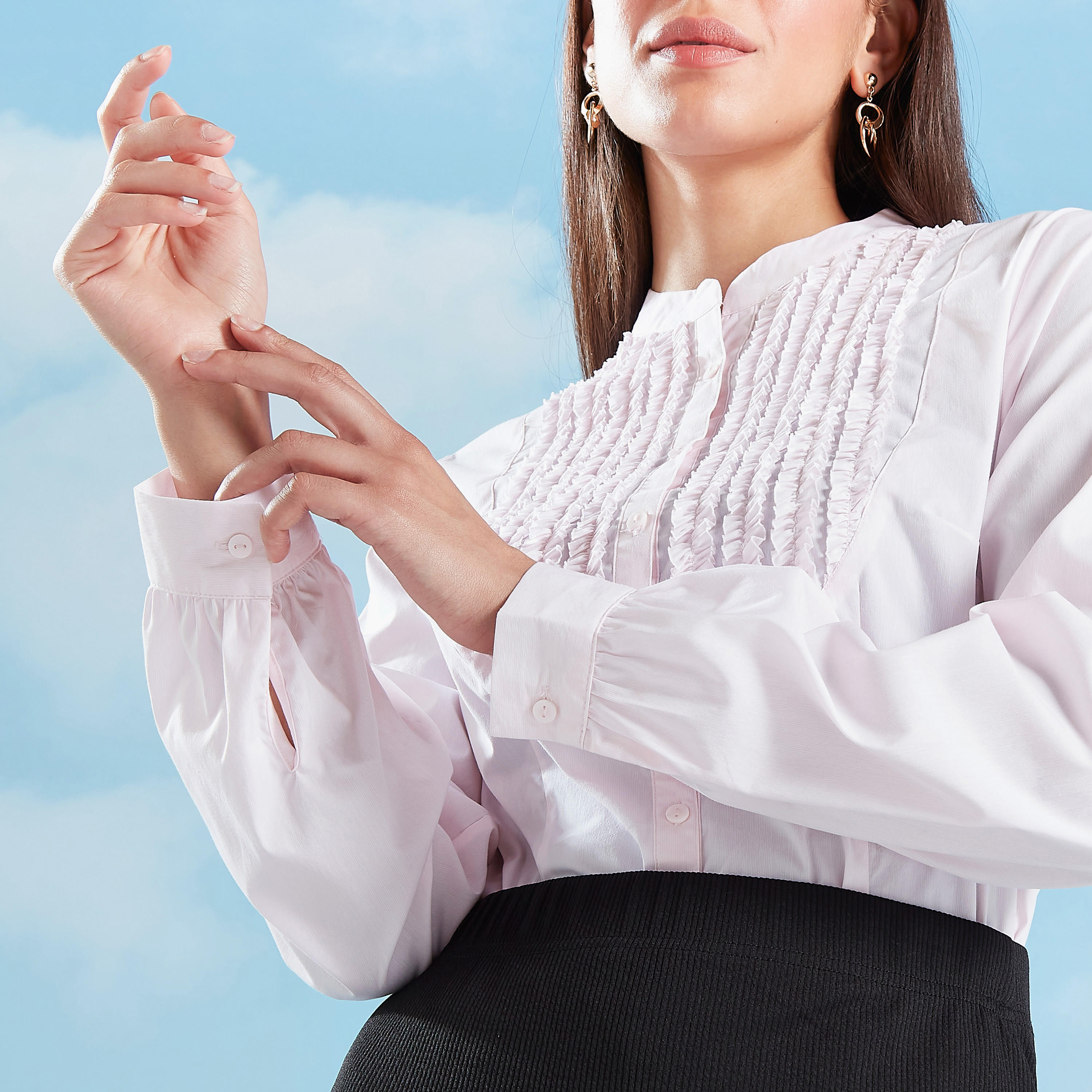 قميص سادة بأكمام طويلة وياقة ماندارين وتفاصيل كشكش-women-clothing-shirtsandblouses-shirts-image-3
