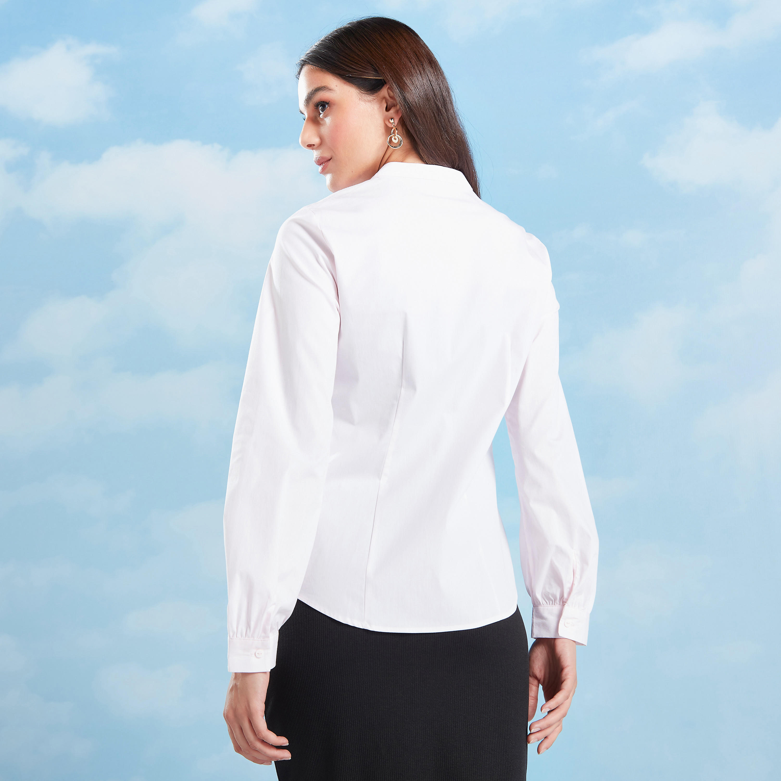 قميص سادة بأكمام طويلة وياقة ماندارين وتفاصيل كشكش-women-clothing-shirtsandblouses-shirts-image-4