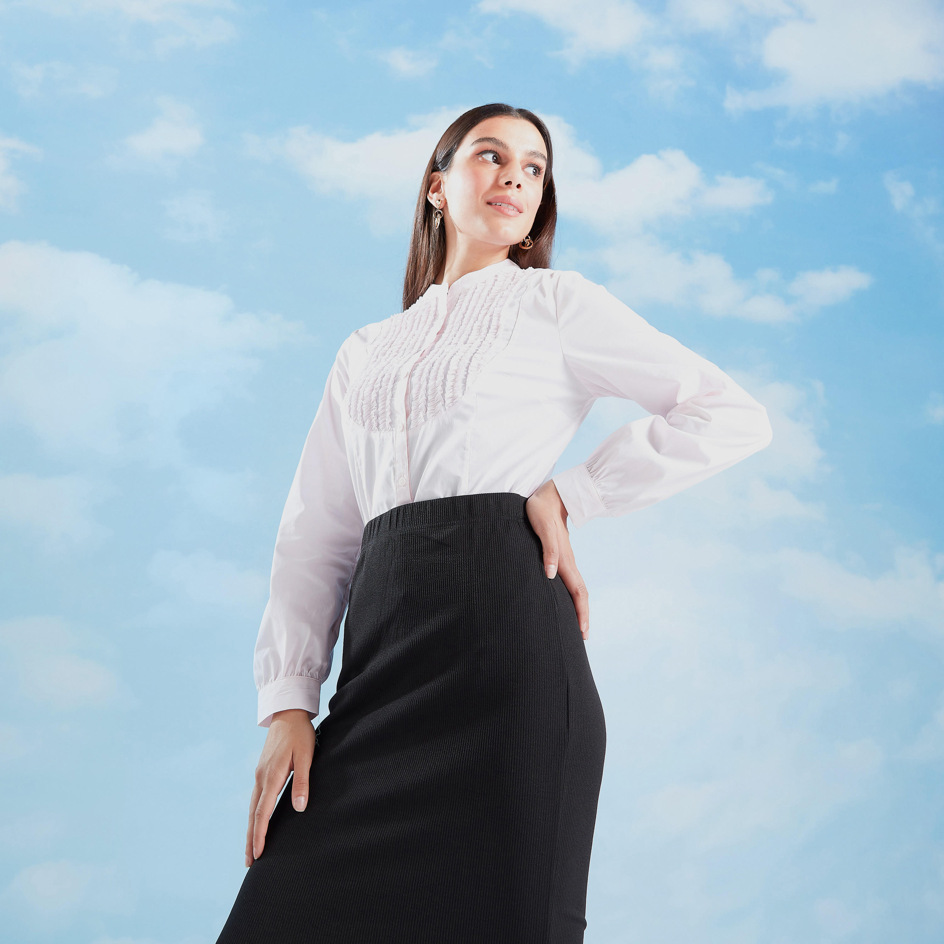 قميص سادة بأكمام طويلة وياقة ماندارين وتفاصيل كشكش-women-clothing-shirtsandblouses-shirts-image-5
