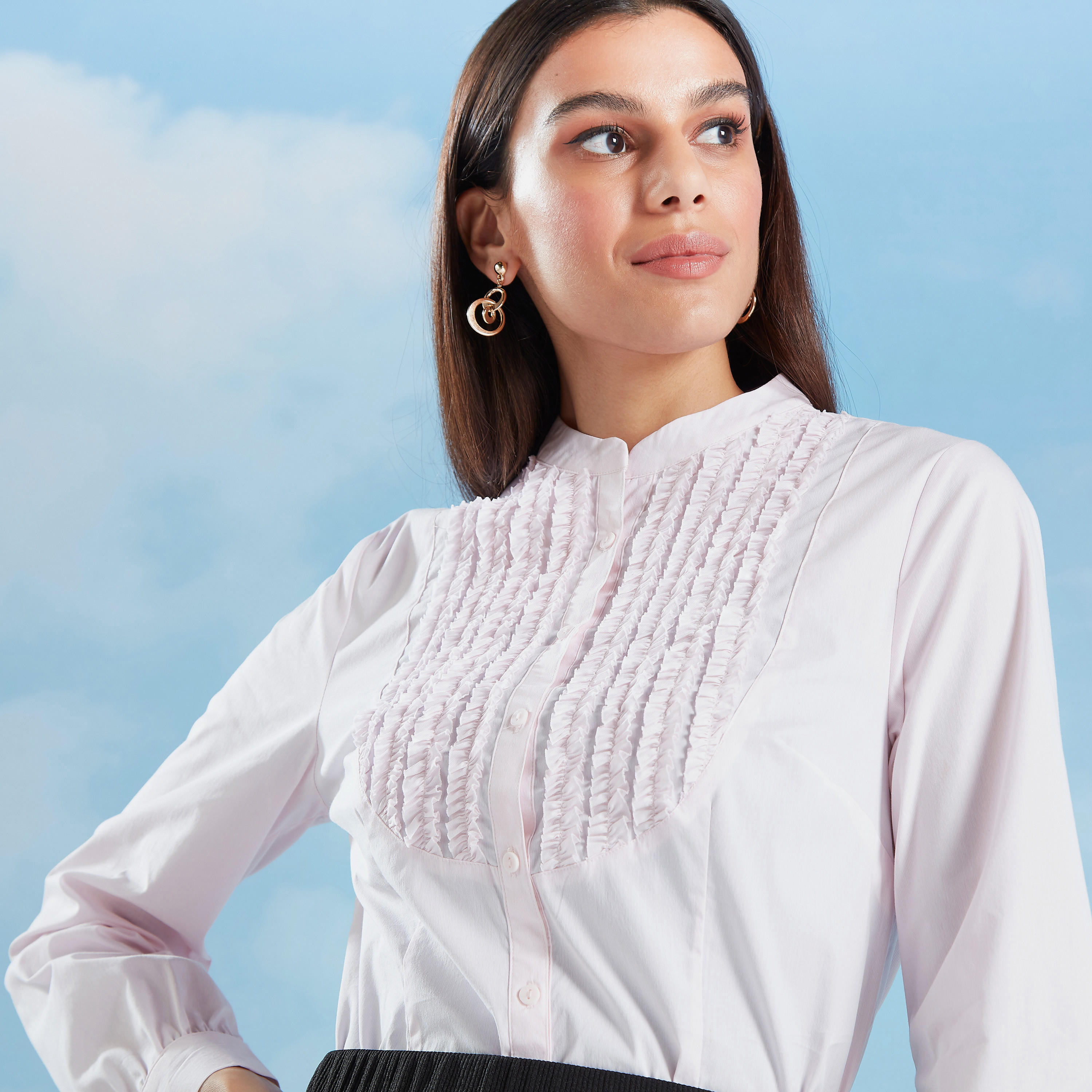 قميص سادة بأكمام طويلة وياقة ماندارين وتفاصيل كشكش-women-clothing-shirtsandblouses-shirts-image-6