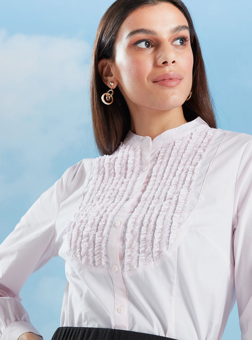 قميص سادة بأكمام طويلة وياقة ماندارين وتفاصيل كشكش-women-clothing-shirtsandblouses-shirts-image-6
