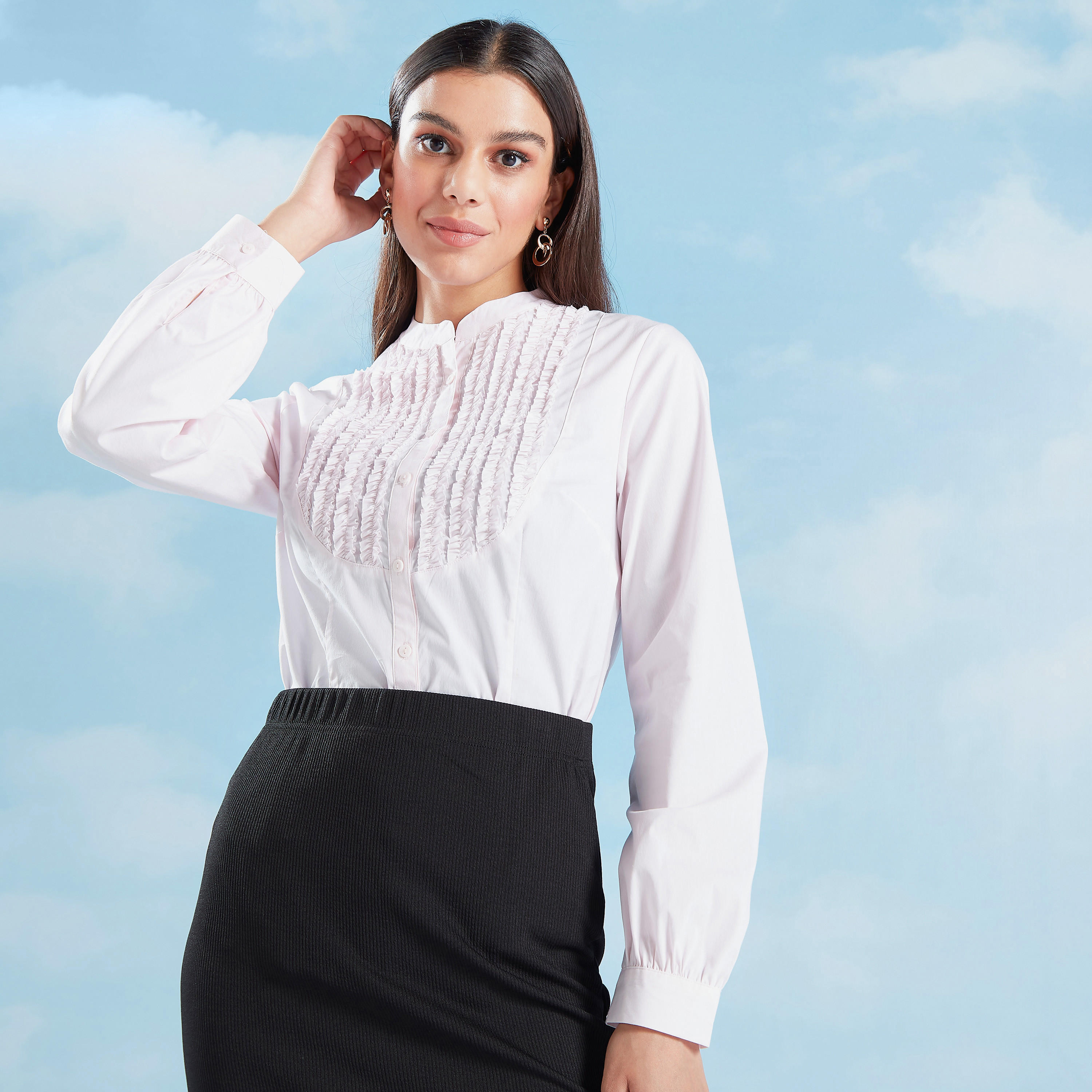 قميص سادة بأكمام طويلة وياقة ماندارين وتفاصيل كشكش-women-clothing-shirtsandblouses-shirts-image-7