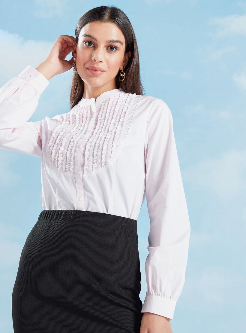 قميص سادة بأكمام طويلة وياقة ماندارين وتفاصيل كشكش-women-clothing-shirtsandblouses-shirts-image-7