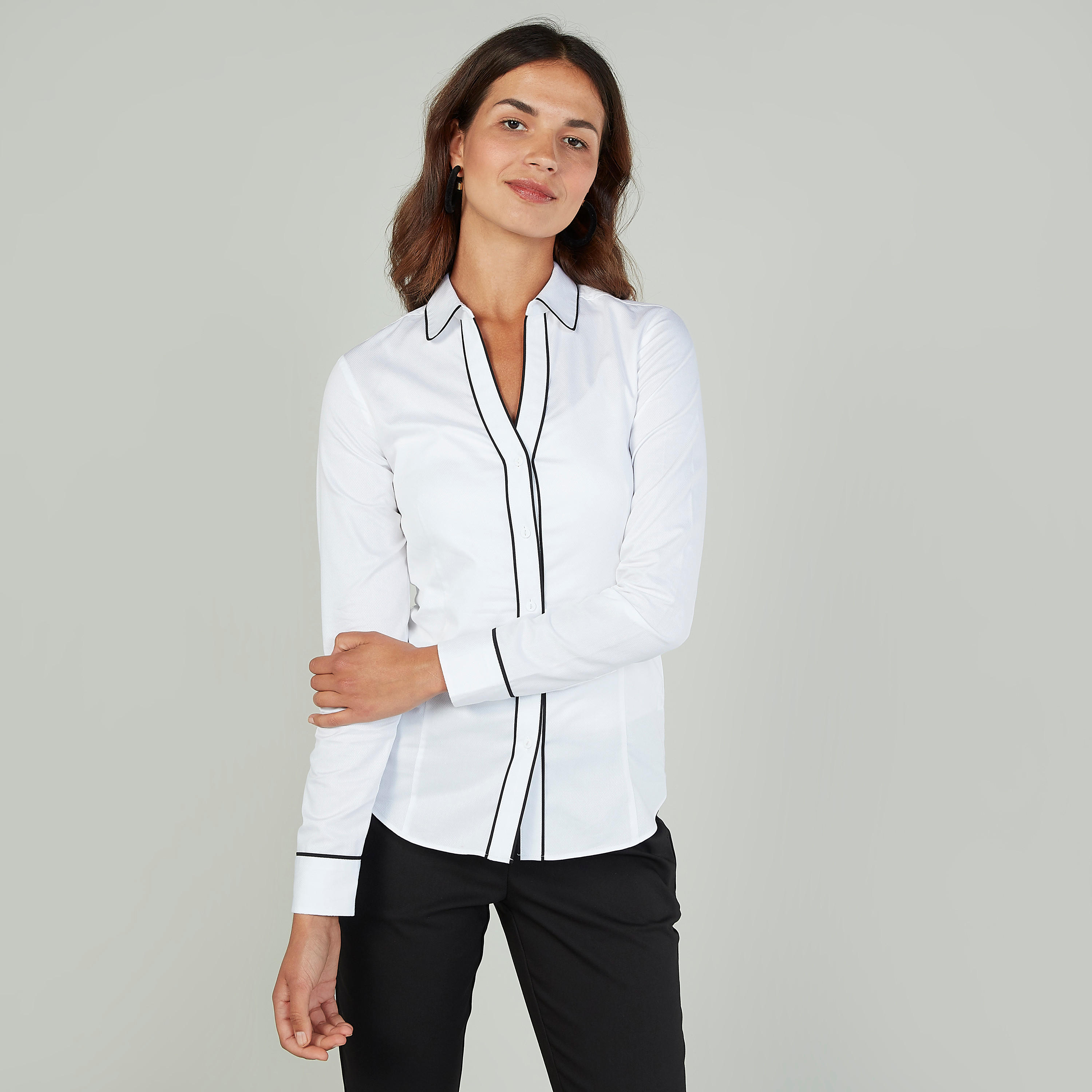 Plain Shirt with Spread Collar and Long Sleeves-women-clothing-shirtsandblouses-shirts-image-1