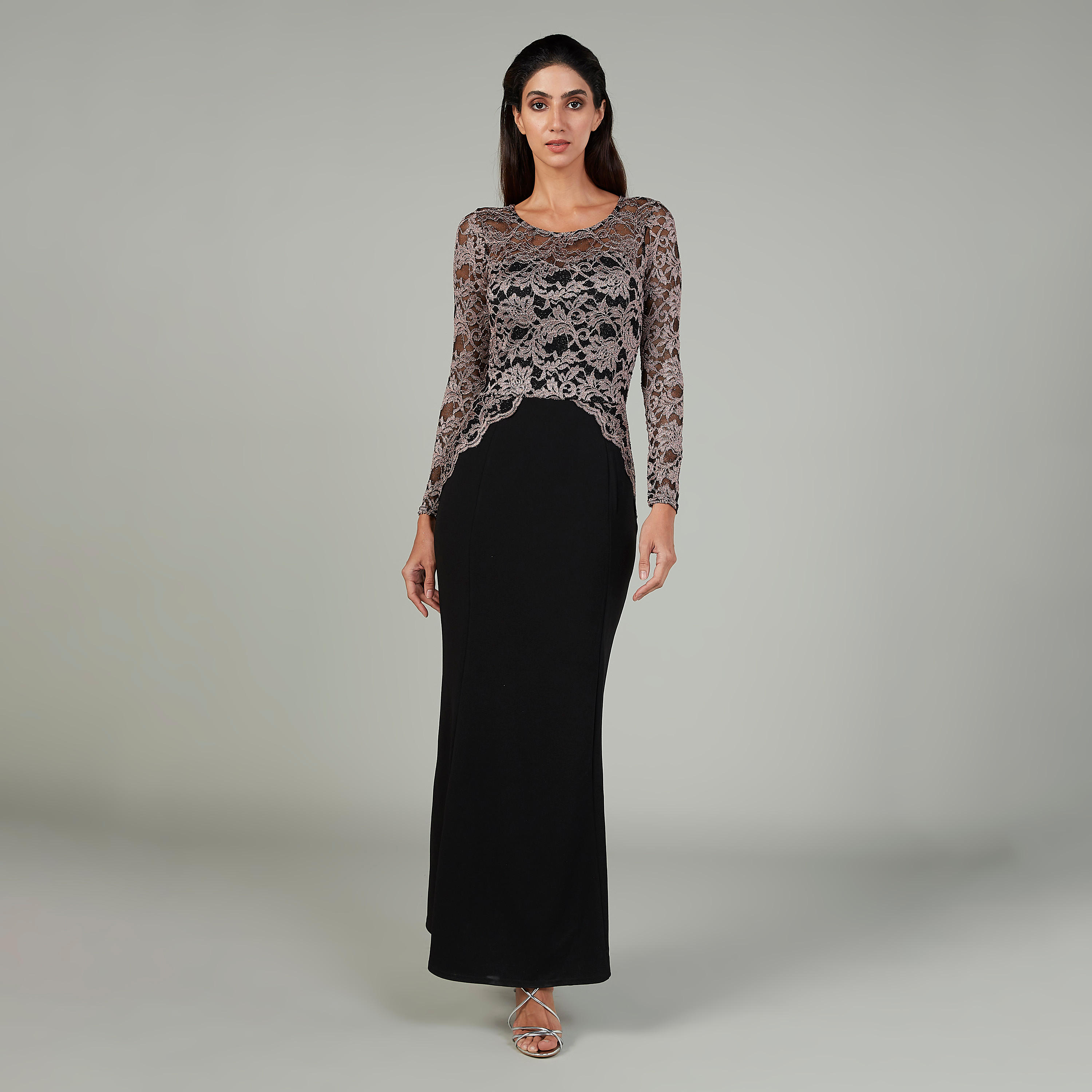 فستان إيه لاين طويل بياقة مستديرة وأكمام 3/4 وتفاصيل دانتيل-women-clothing-dresses-image-1
