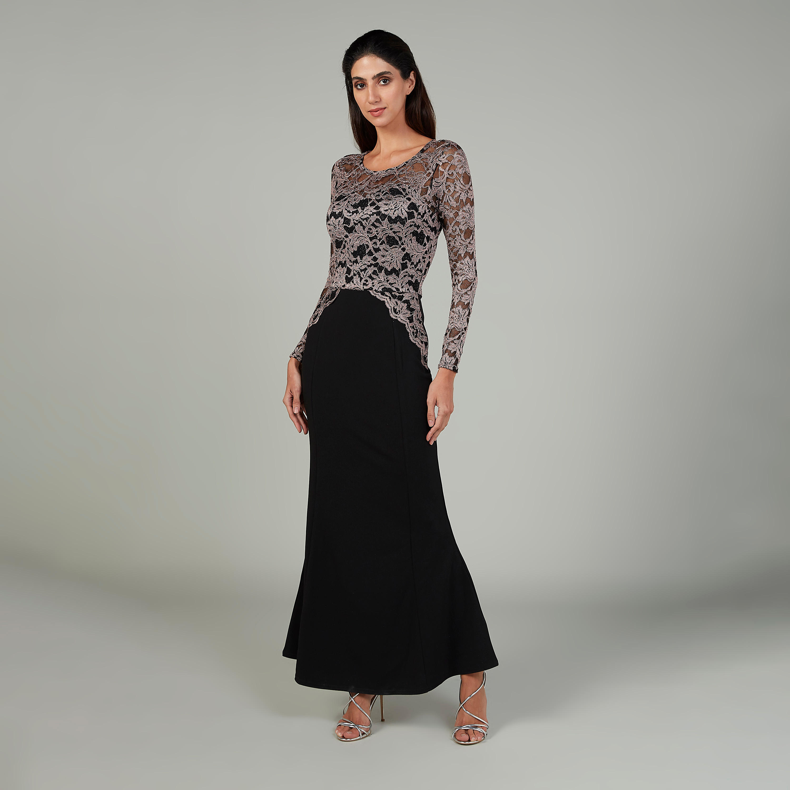 فستان إيه لاين طويل بياقة مستديرة وأكمام 3/4 وتفاصيل دانتيل-women-clothing-dresses-image-2