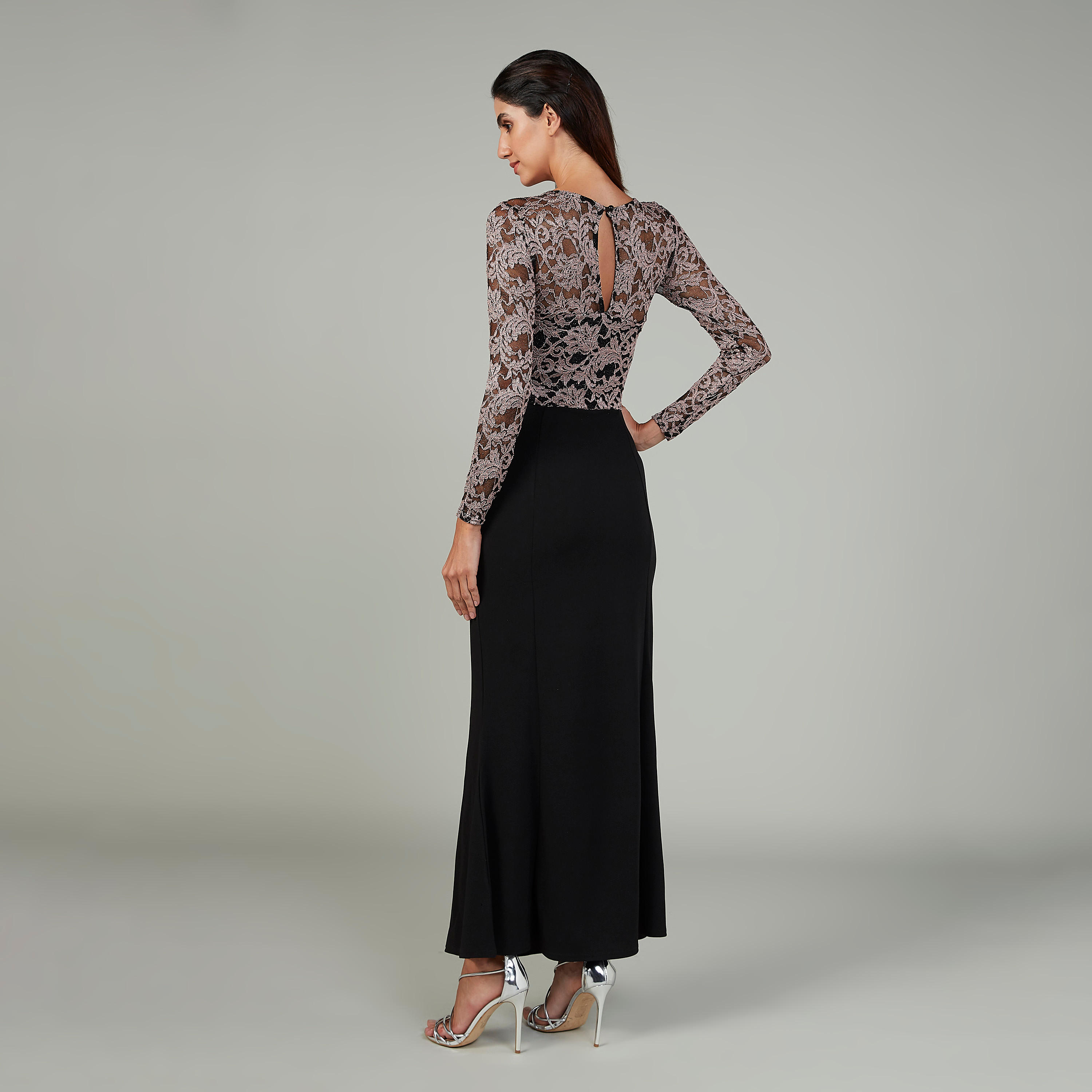 فستان إيه لاين طويل بياقة مستديرة وأكمام 3/4 وتفاصيل دانتيل-women-clothing-dresses-image-4
