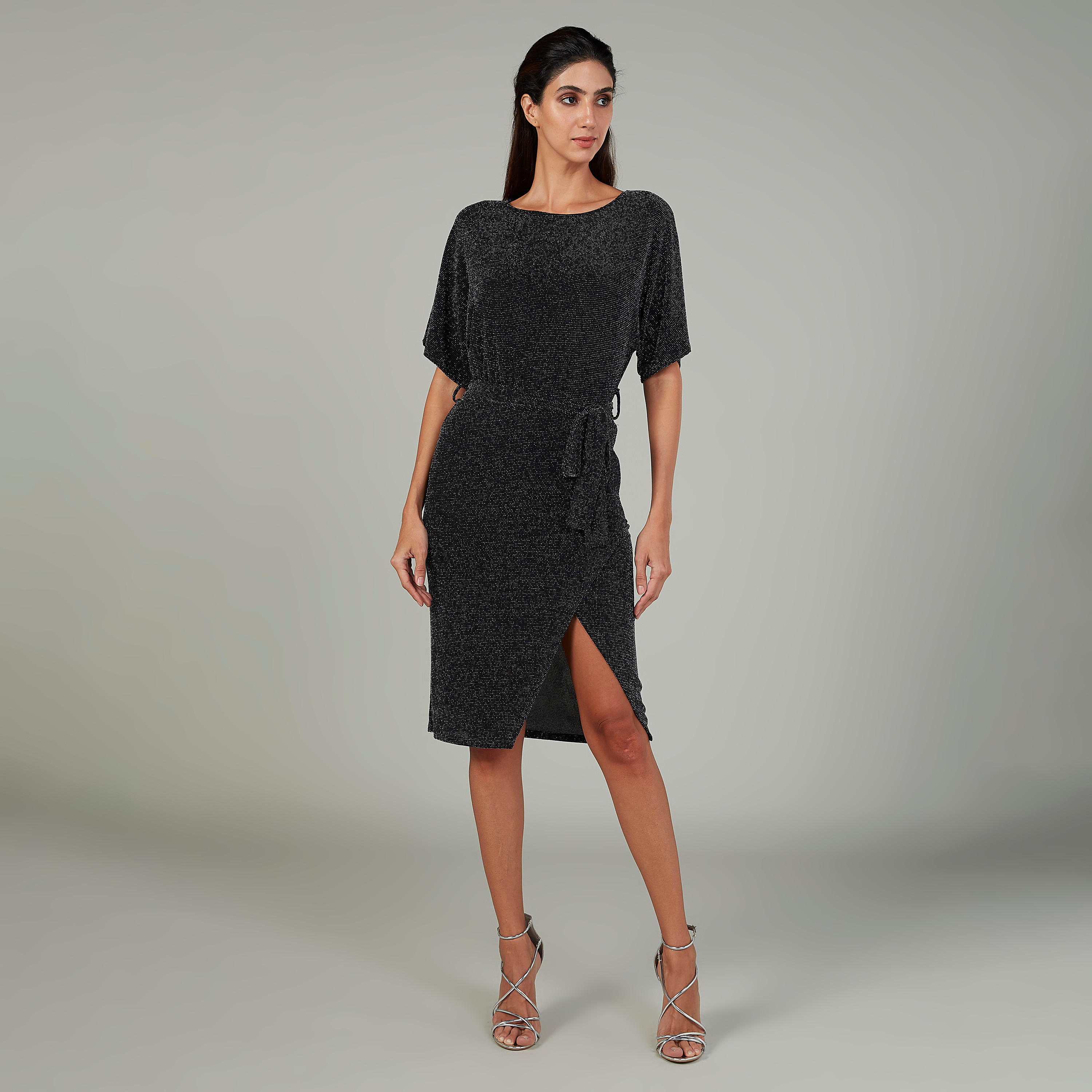 فستان إيه لاين بارز الملمس متوسط الطول بياقة مستديرة وفتحة جانبية-women-clothing-dresses-image-1