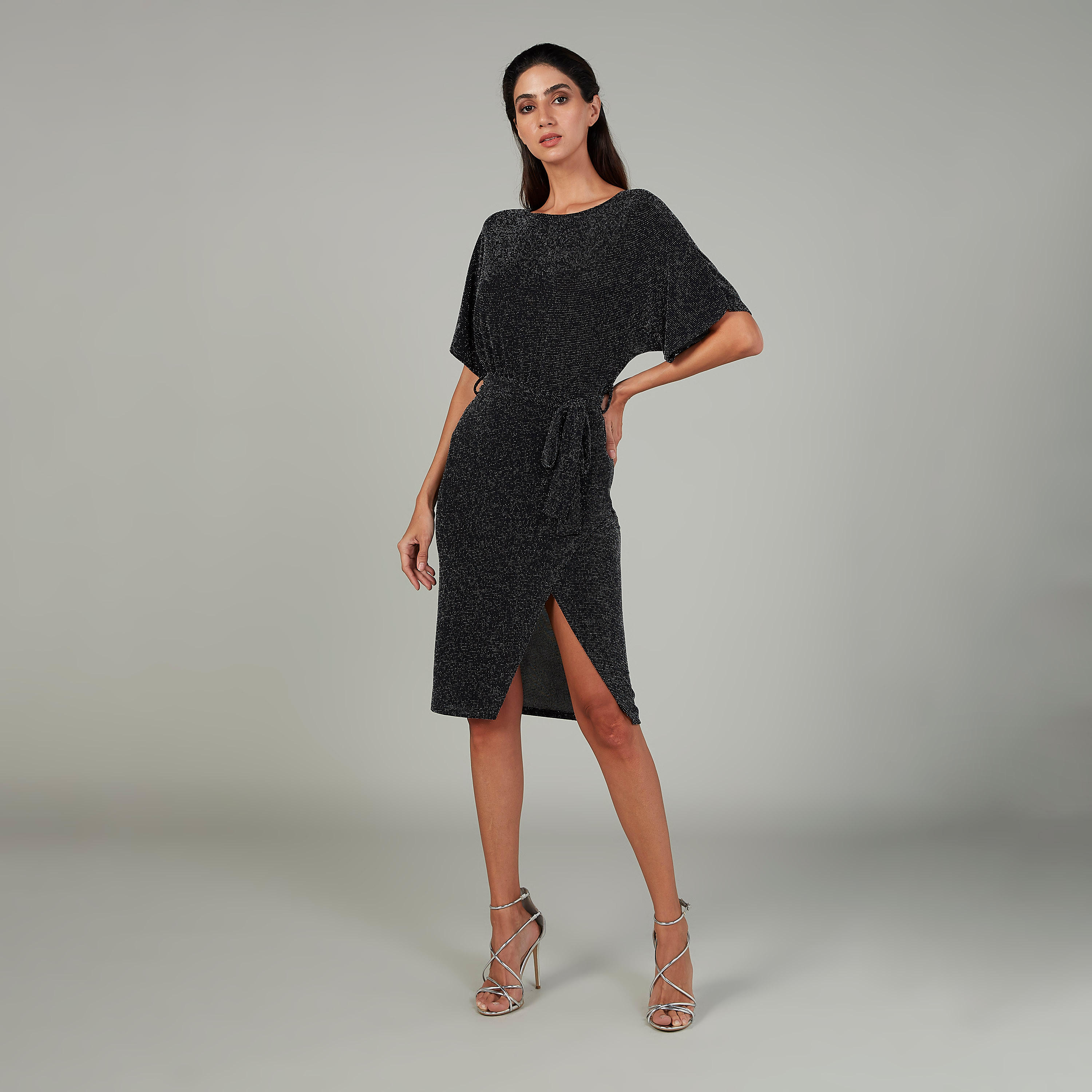 فستان إيه لاين بارز الملمس متوسط الطول بياقة مستديرة وفتحة جانبية-women-clothing-dresses-image-2