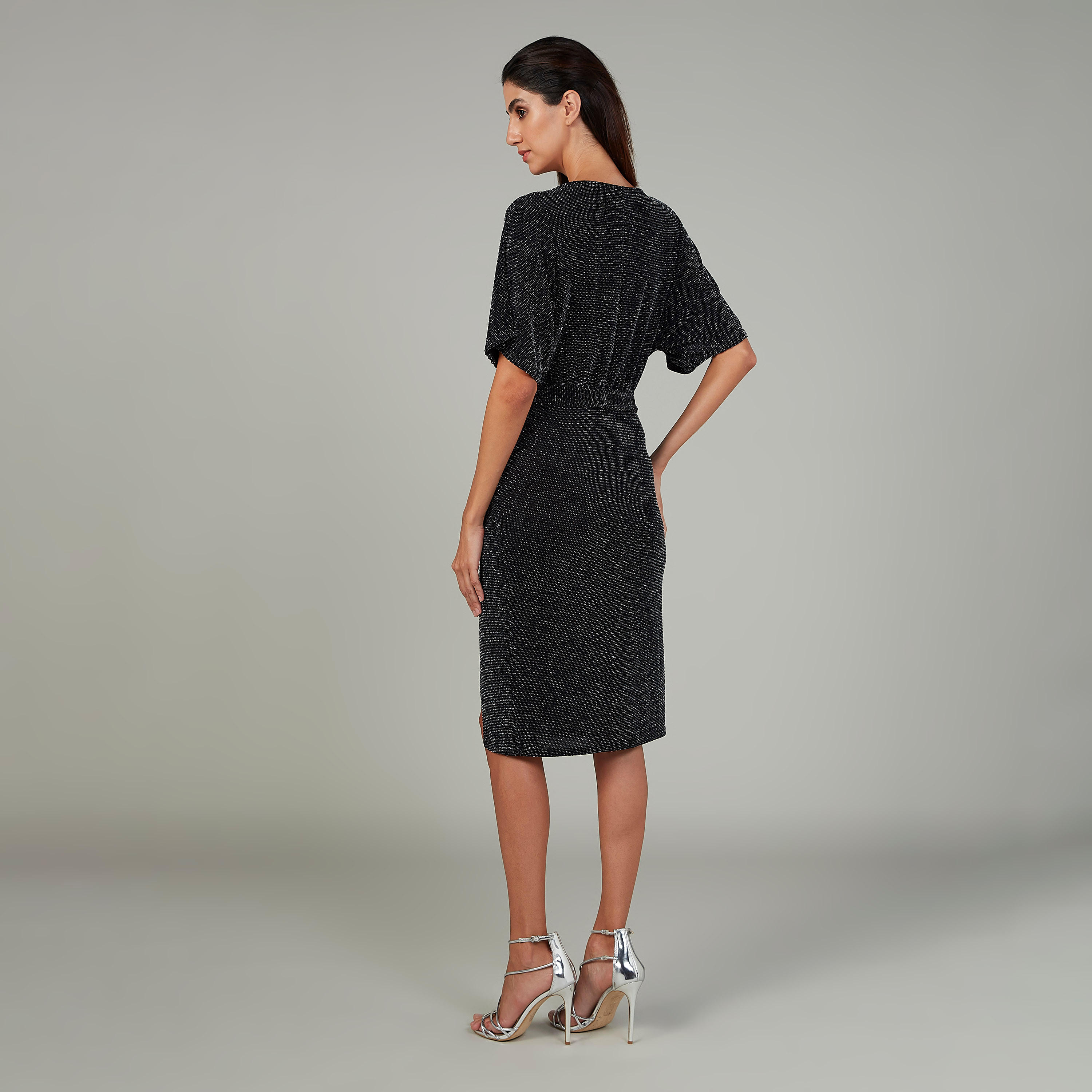 فستان إيه لاين بارز الملمس متوسط الطول بياقة مستديرة وفتحة جانبية-women-clothing-dresses-image-4
