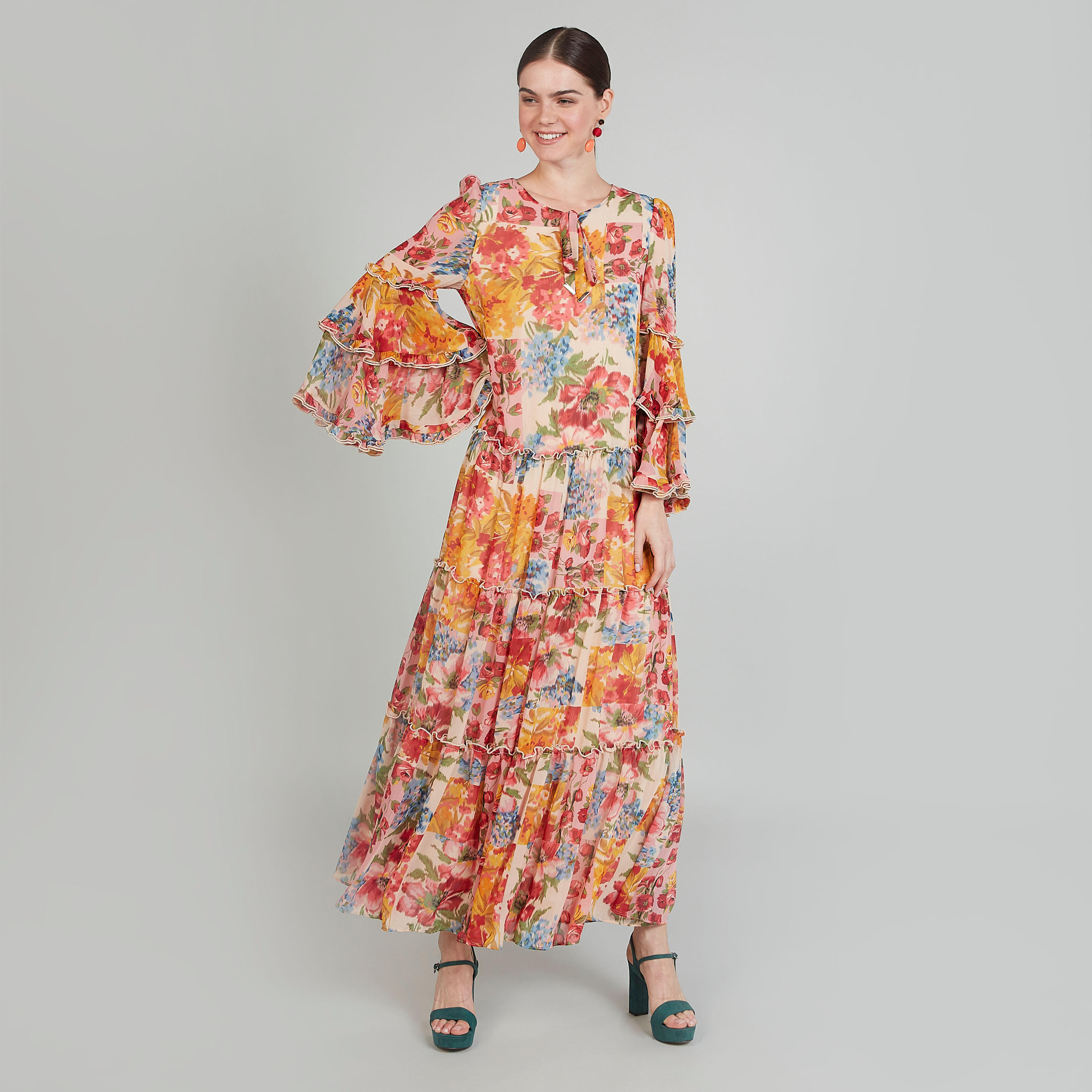 فستان مستدام إيه لاين طويل بطبعات أزهار وأكمام واسعة-women-clothing-dresses-image-1
