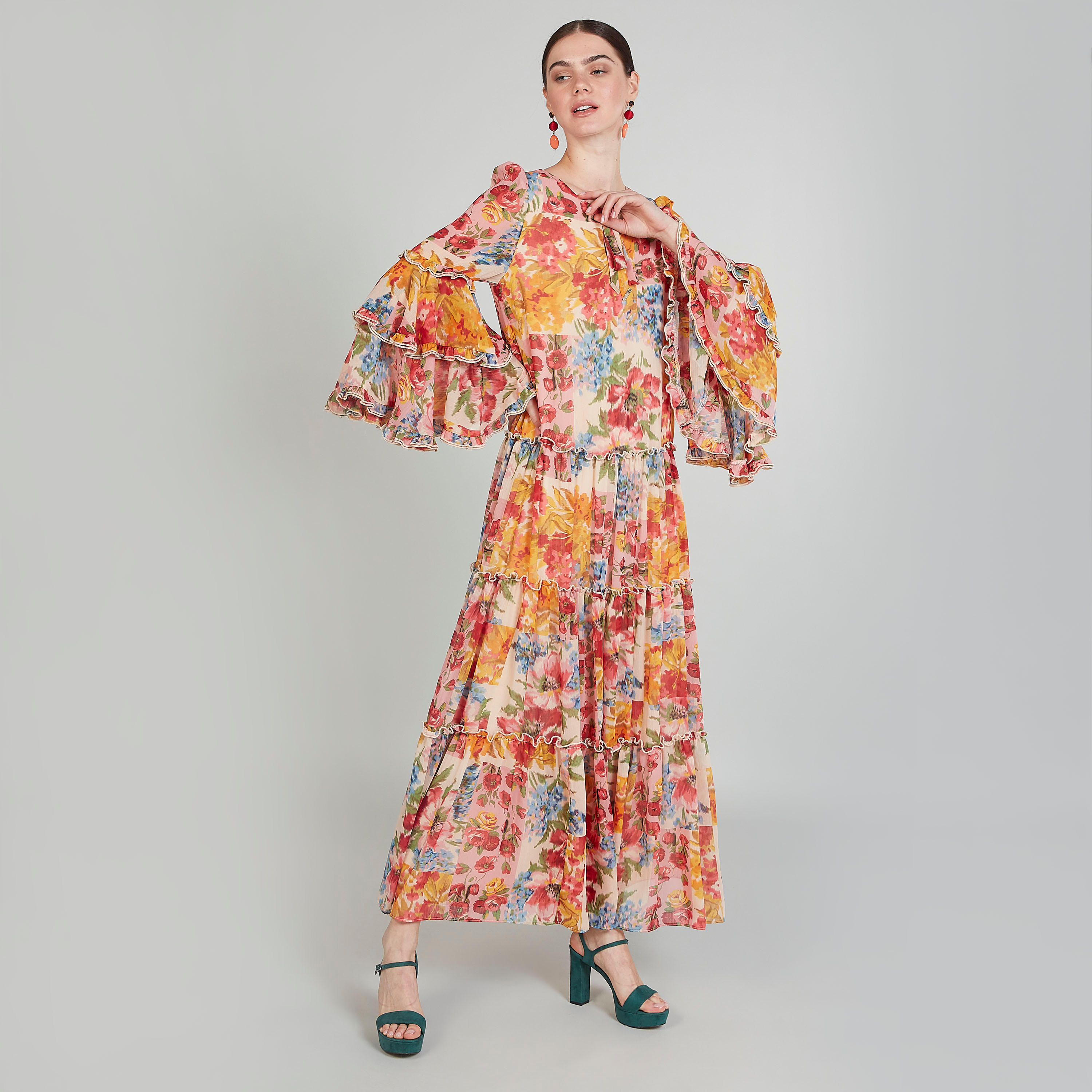 فستان مستدام إيه لاين طويل بطبعات أزهار وأكمام واسعة-women-clothing-dresses-image-2