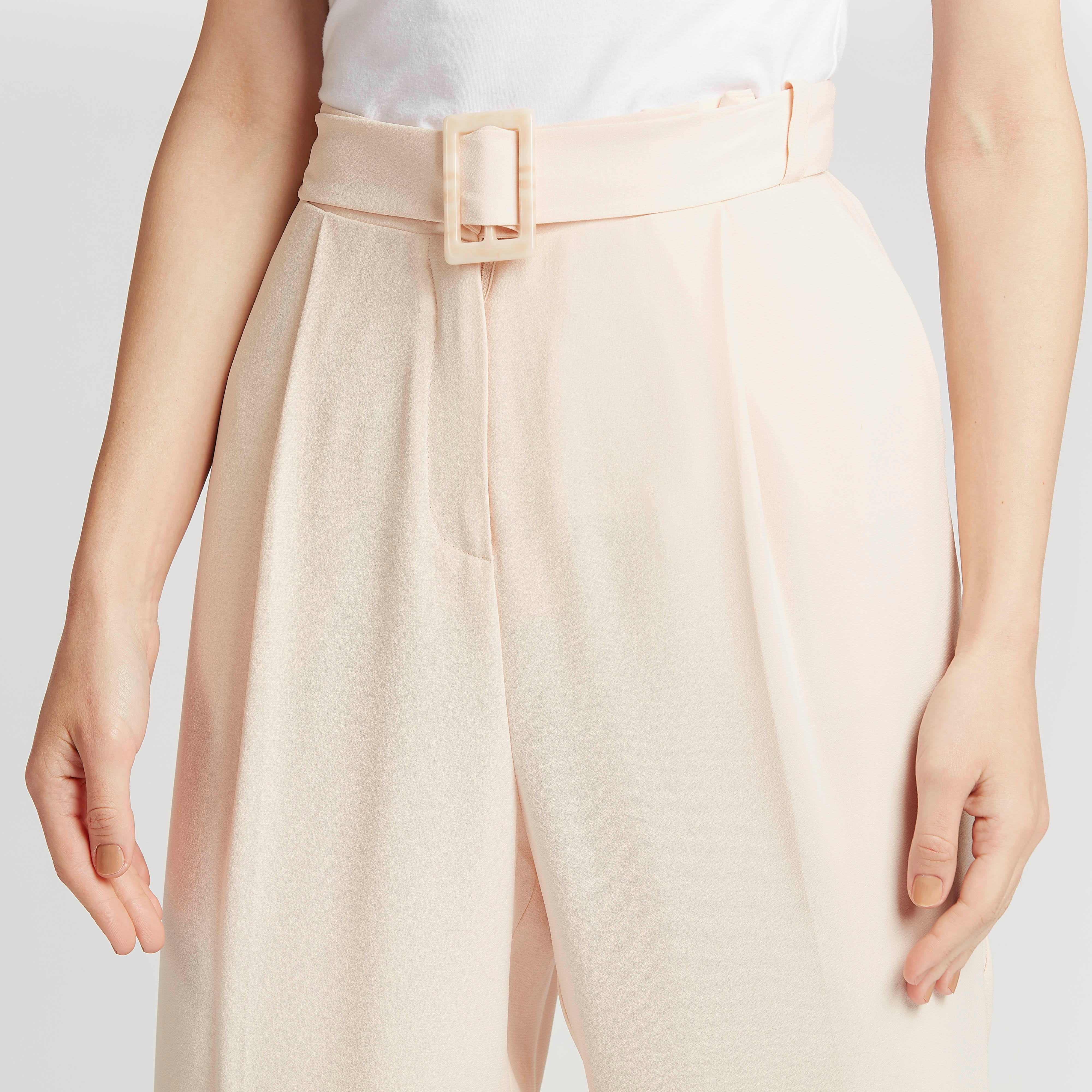 بنطلون طويل سادة بخصر متوسّط الإرتفاع وجيوب وحزام-women-clothing-bottoms-trousers-image-3