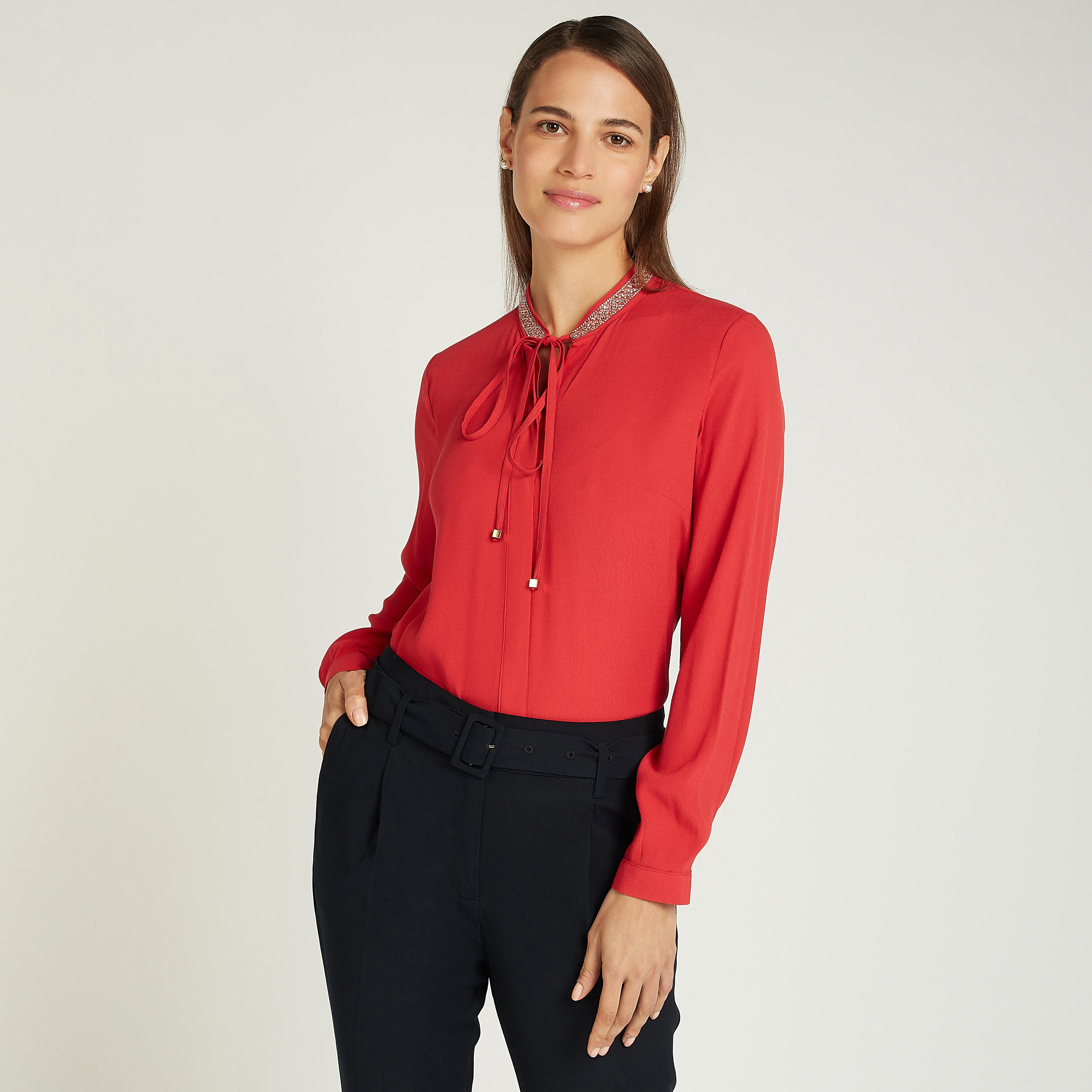 بلوزة سادة بأكمام طويلة وفيونكة-women-clothing-shirtsandblouses-blouses-image-1