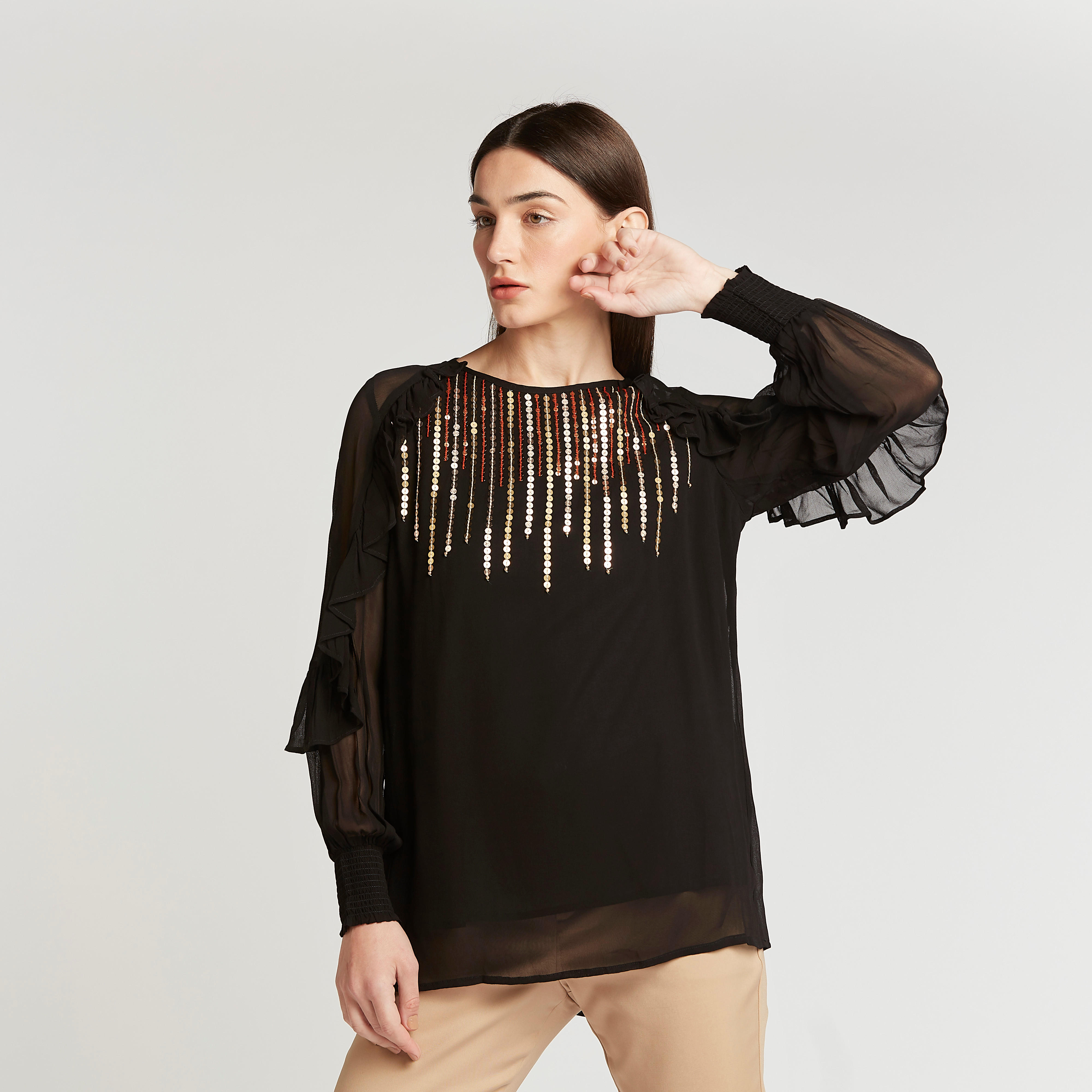 بلوزة بتفاصيل ترتر وأكمام طويلة بطبقة كشكشة-women-clothing-shirtsandblouses-blouses-image-1