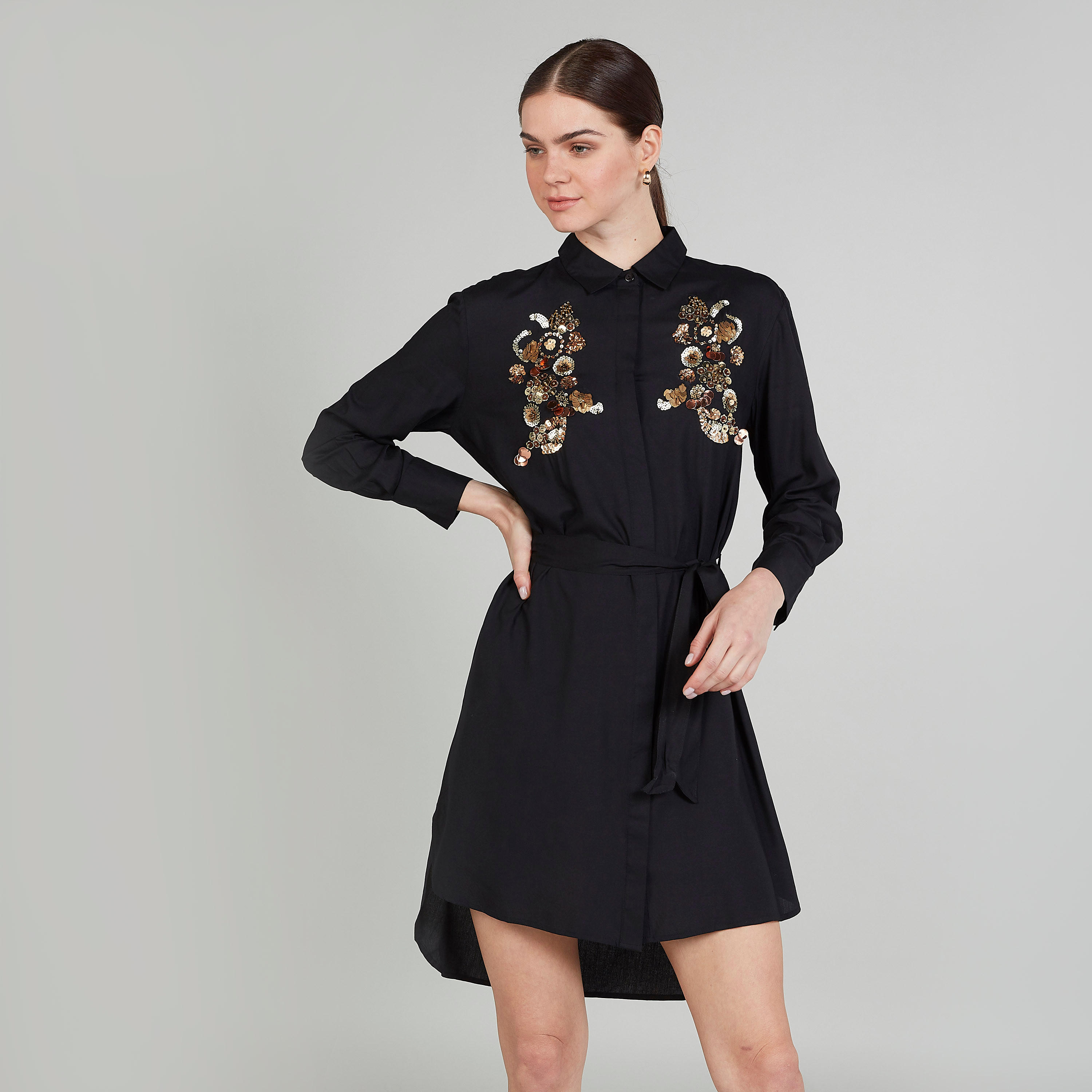 Embellished Mini Dress with Long Sleeves and Spread Collar-women-clothing-dresses-image-1
