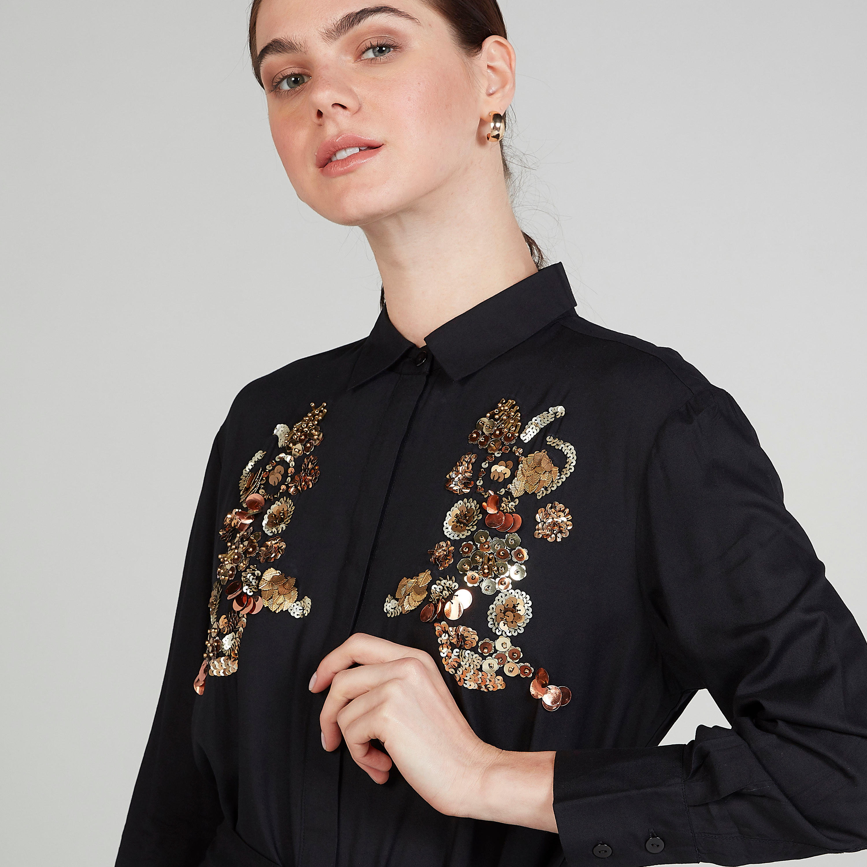 Embellished Mini Dress with Long Sleeves and Spread Collar-women-clothing-dresses-image-3