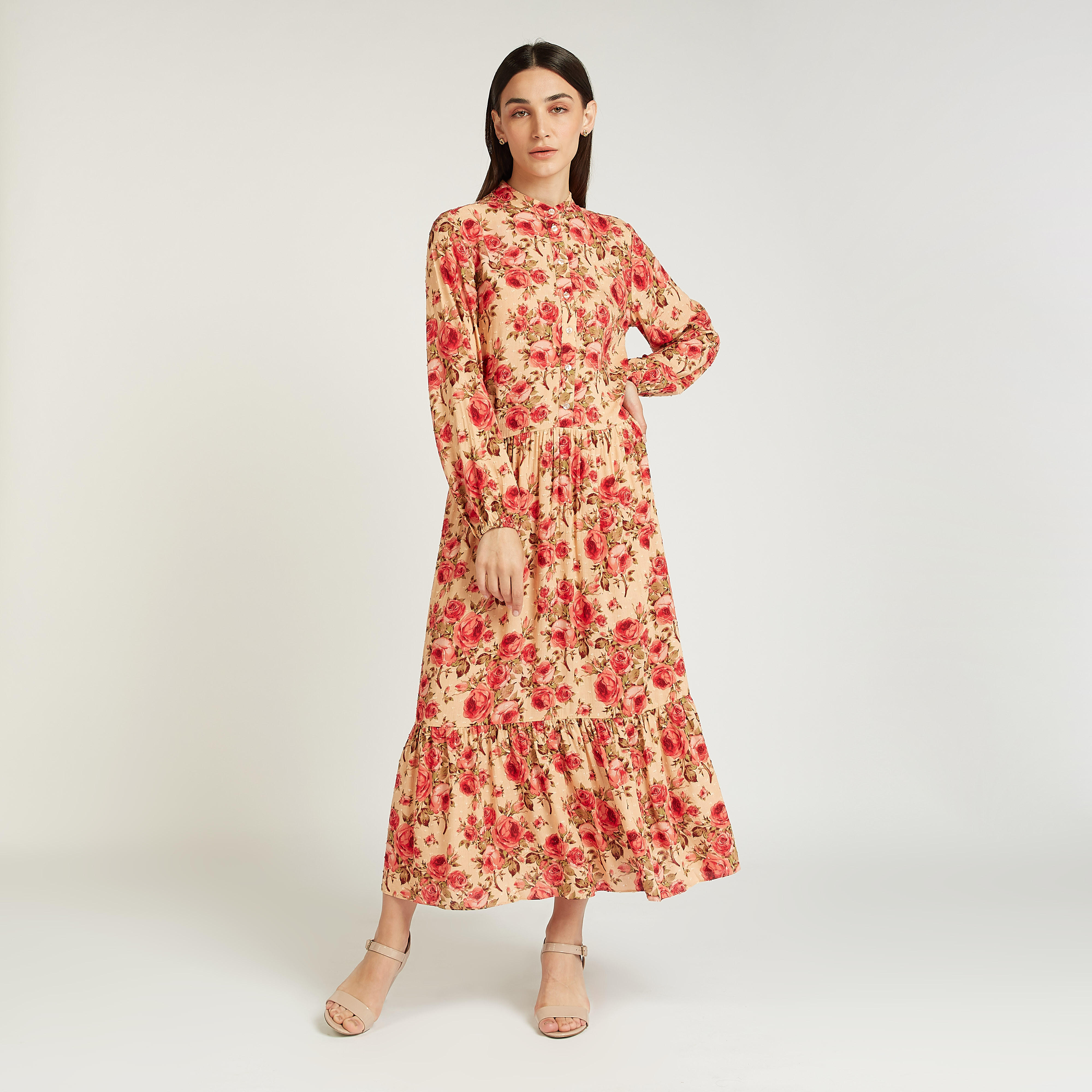 Printed Maxi Dress with Mandarin Collar and Long Sleeves-women-clothing-dresses-image-1