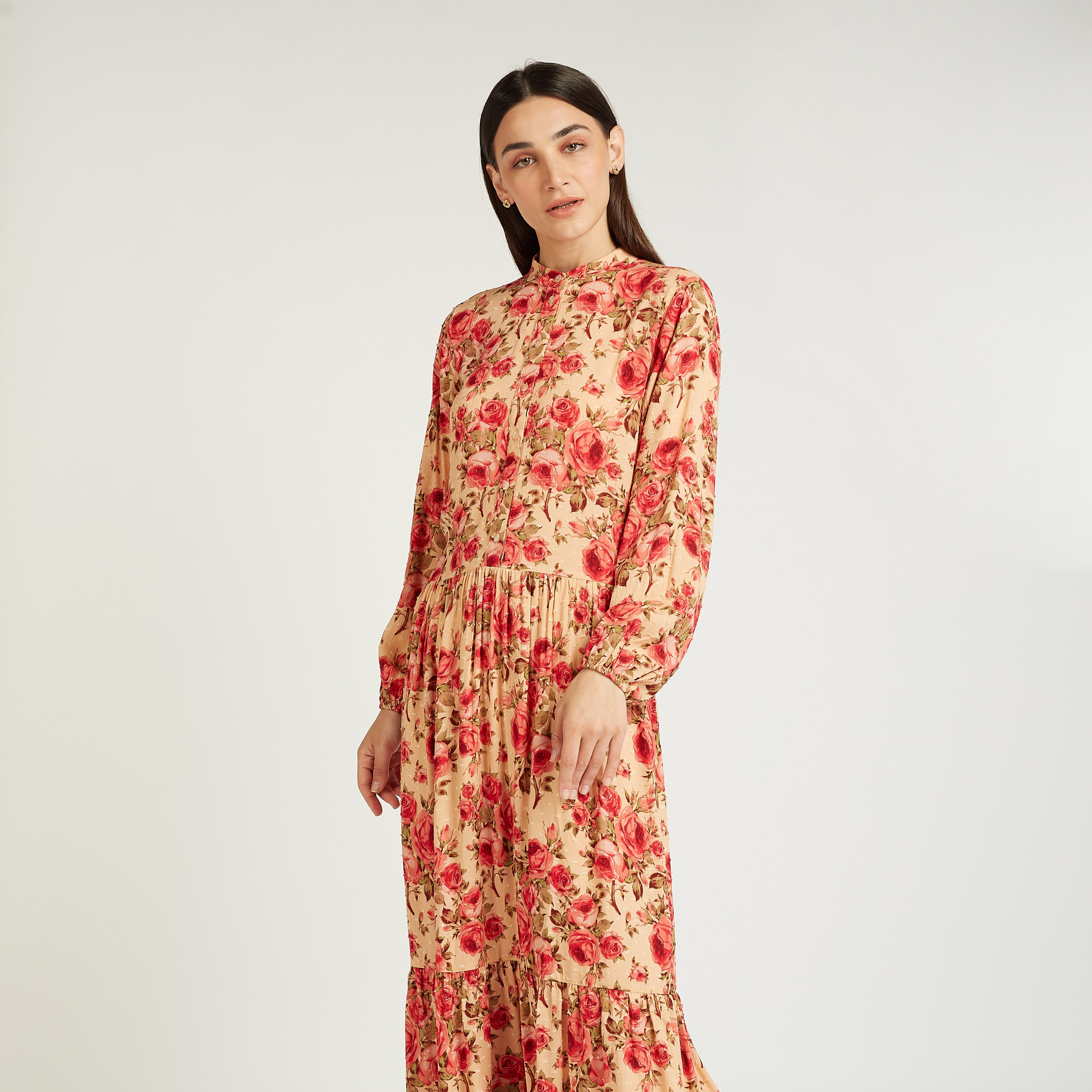 Printed Maxi Dress with Mandarin Collar and Long Sleeves-women-clothing-dresses-image-2