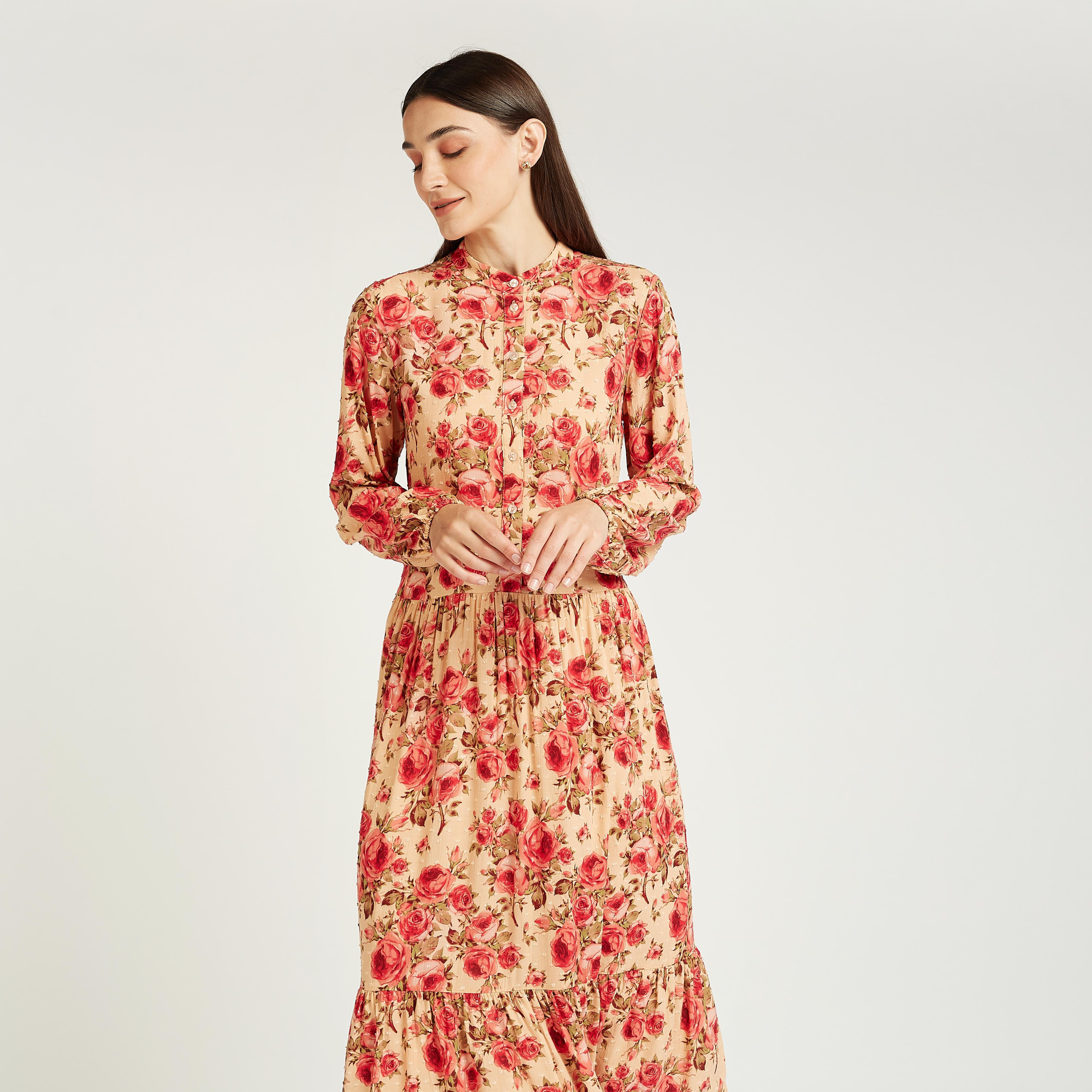 Printed Maxi Dress with Mandarin Collar and Long Sleeves-women-clothing-dresses-image-4