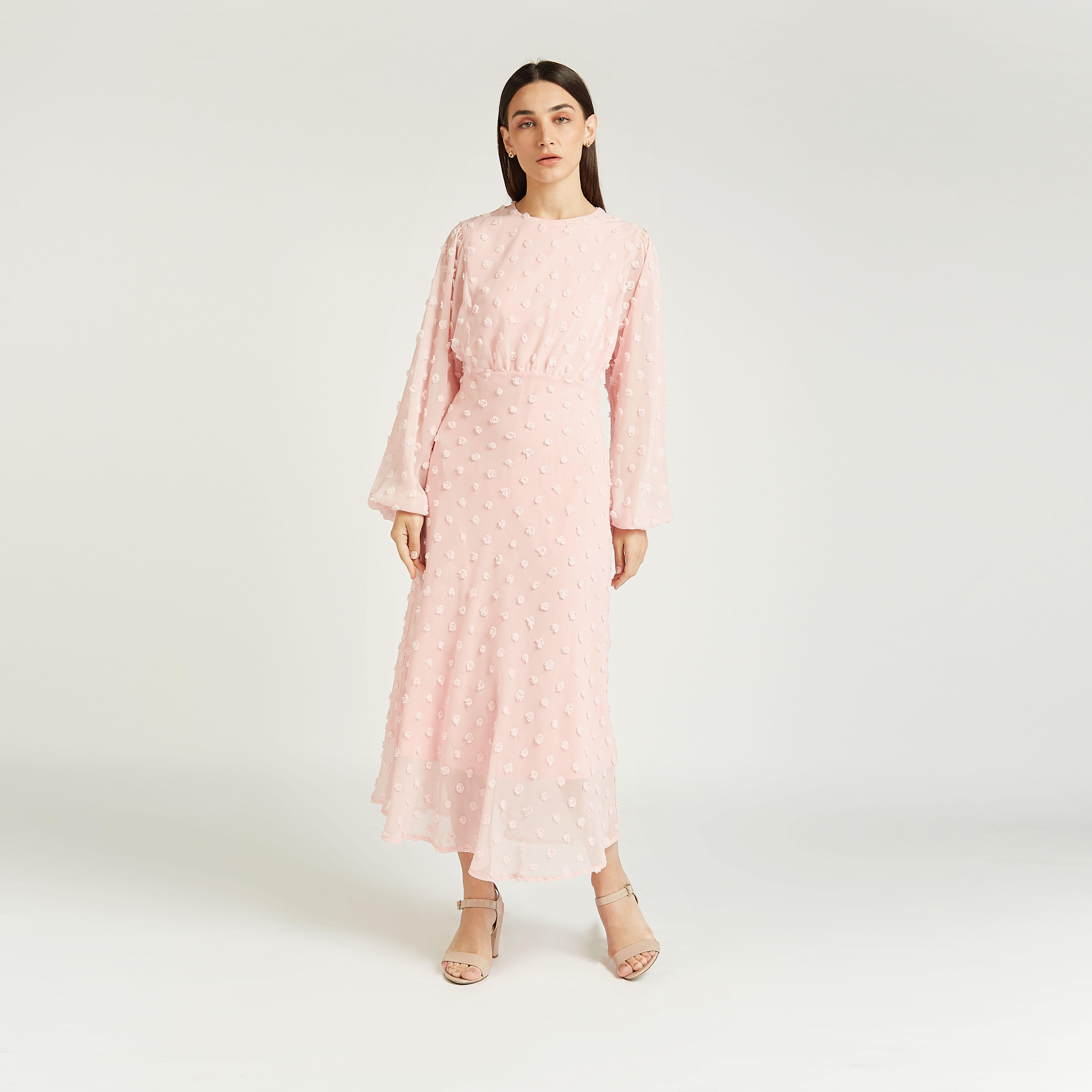 فستان بارز الملمس طويل إيه لاين بياقة مستديرة وأكمام بيشوب-women-clothing-dresses-image-1