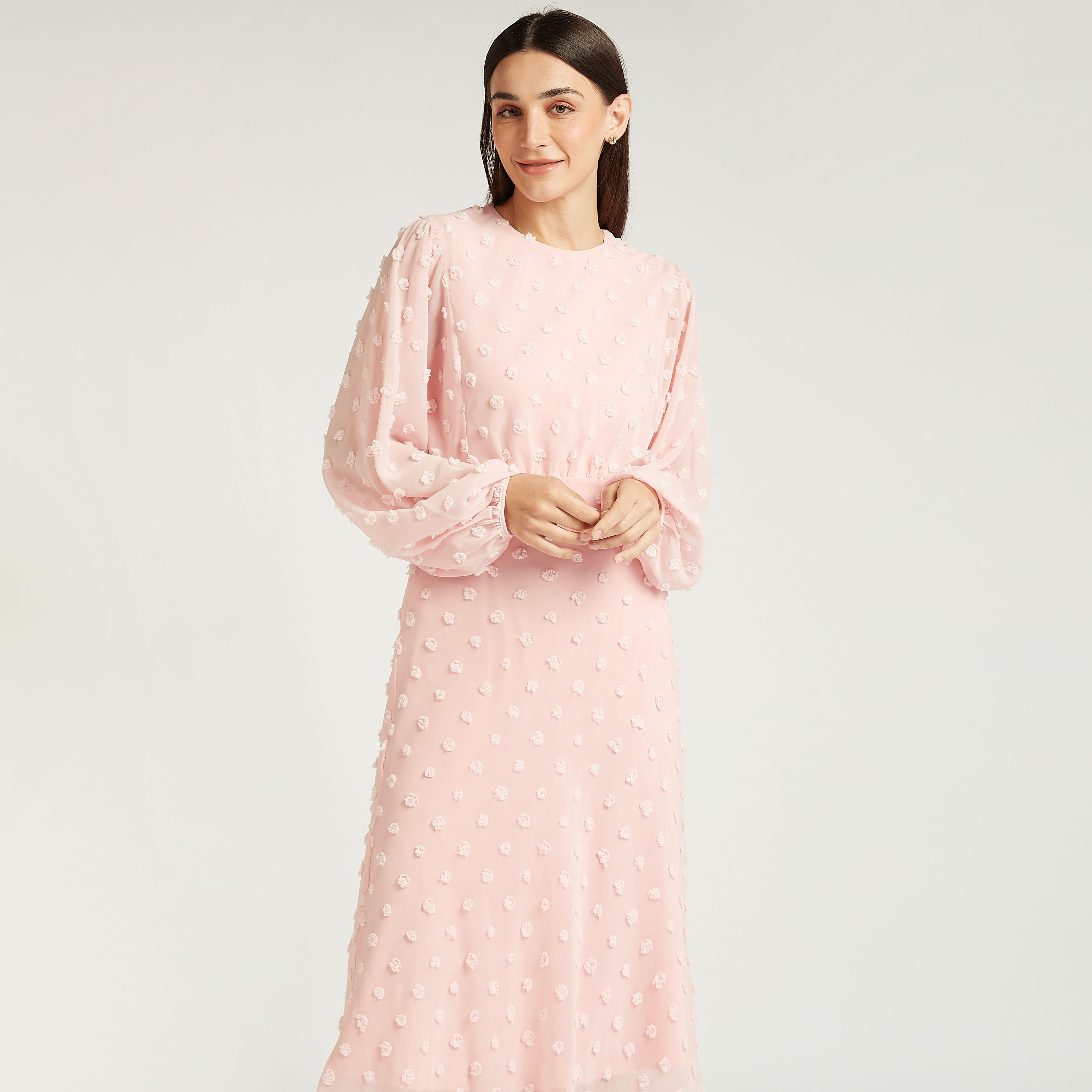 فستان بارز الملمس طويل إيه لاين بياقة مستديرة وأكمام بيشوب-women-clothing-dresses-image-2
