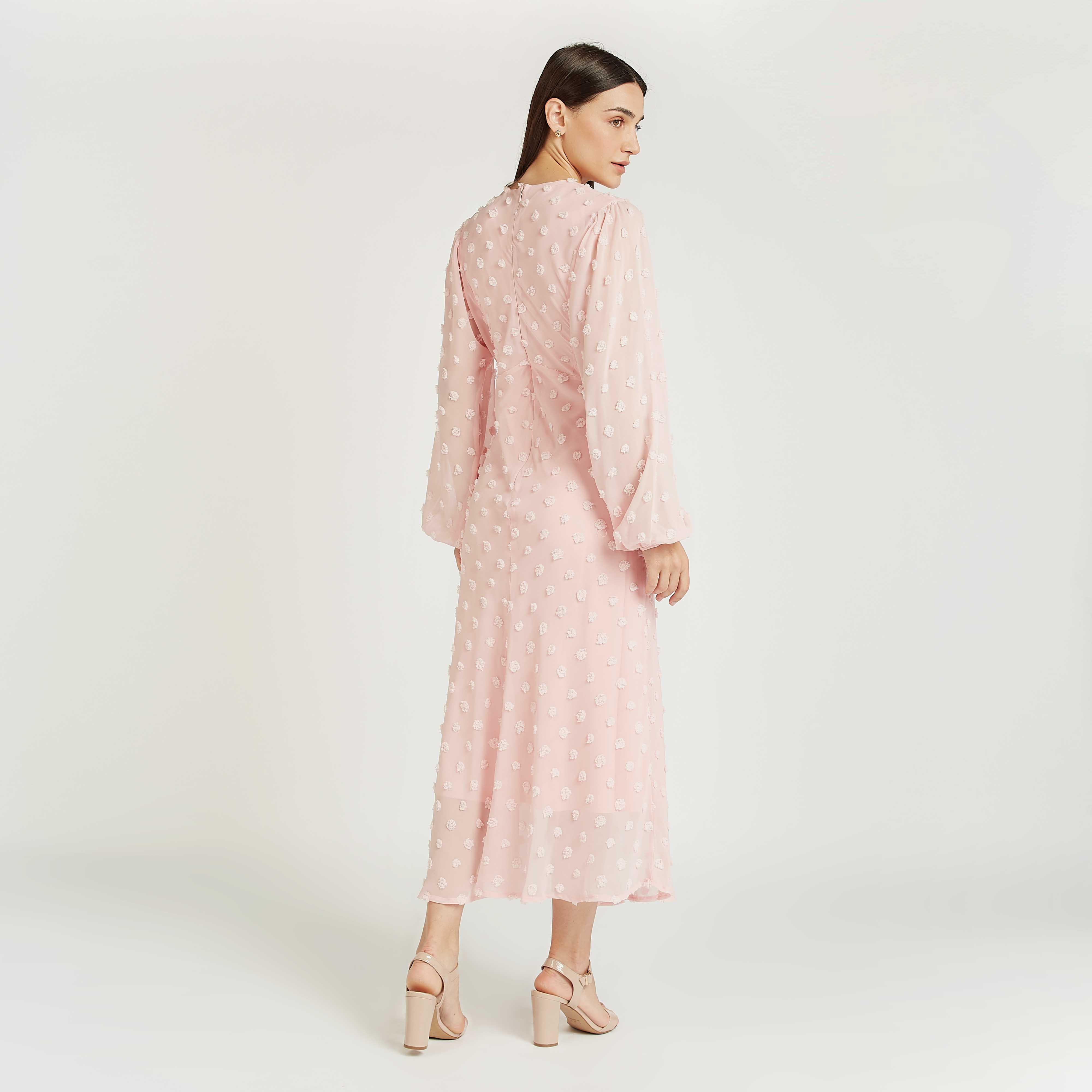 فستان بارز الملمس طويل إيه لاين بياقة مستديرة وأكمام بيشوب-women-clothing-dresses-image-3