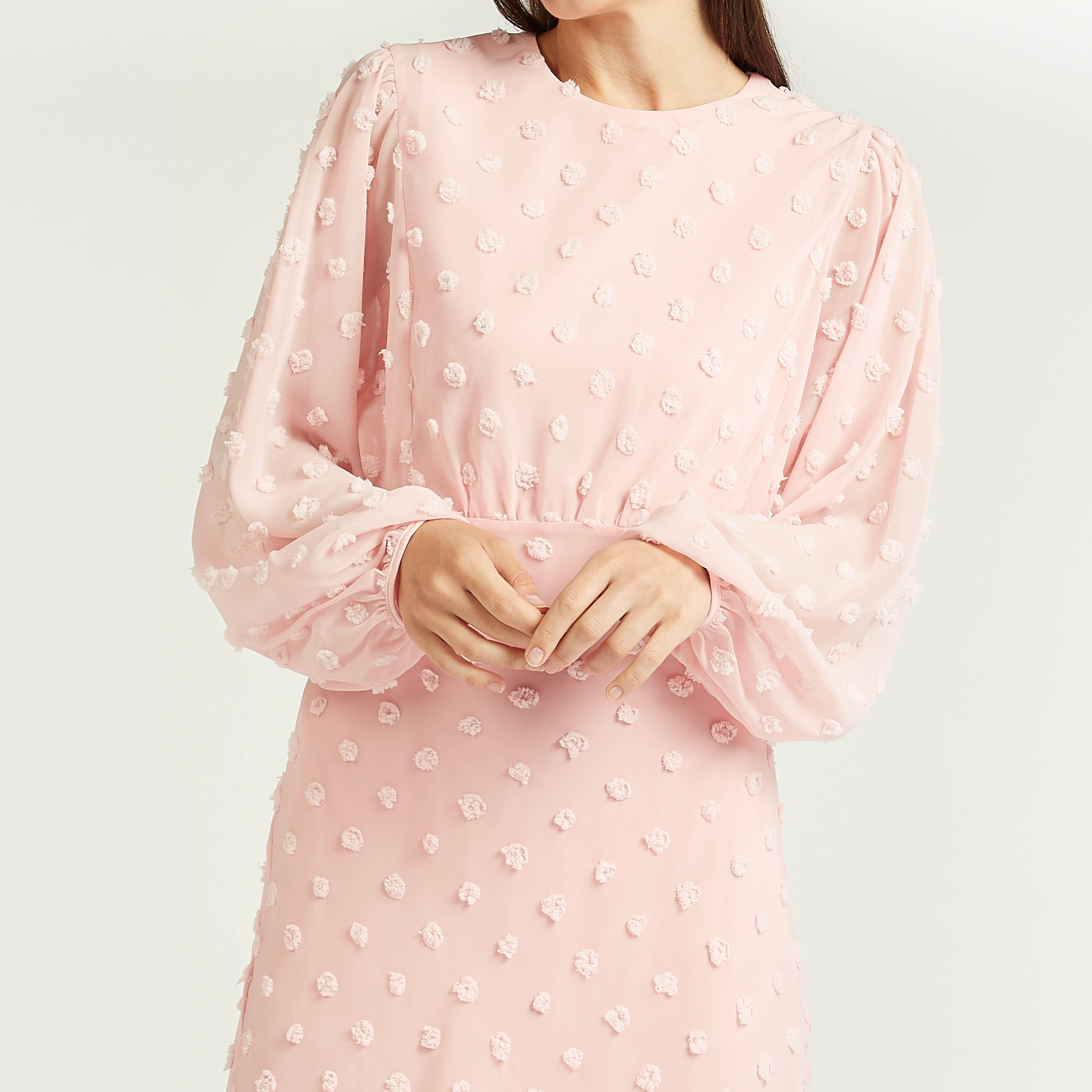 فستان بارز الملمس طويل إيه لاين بياقة مستديرة وأكمام بيشوب-women-clothing-dresses-image-4