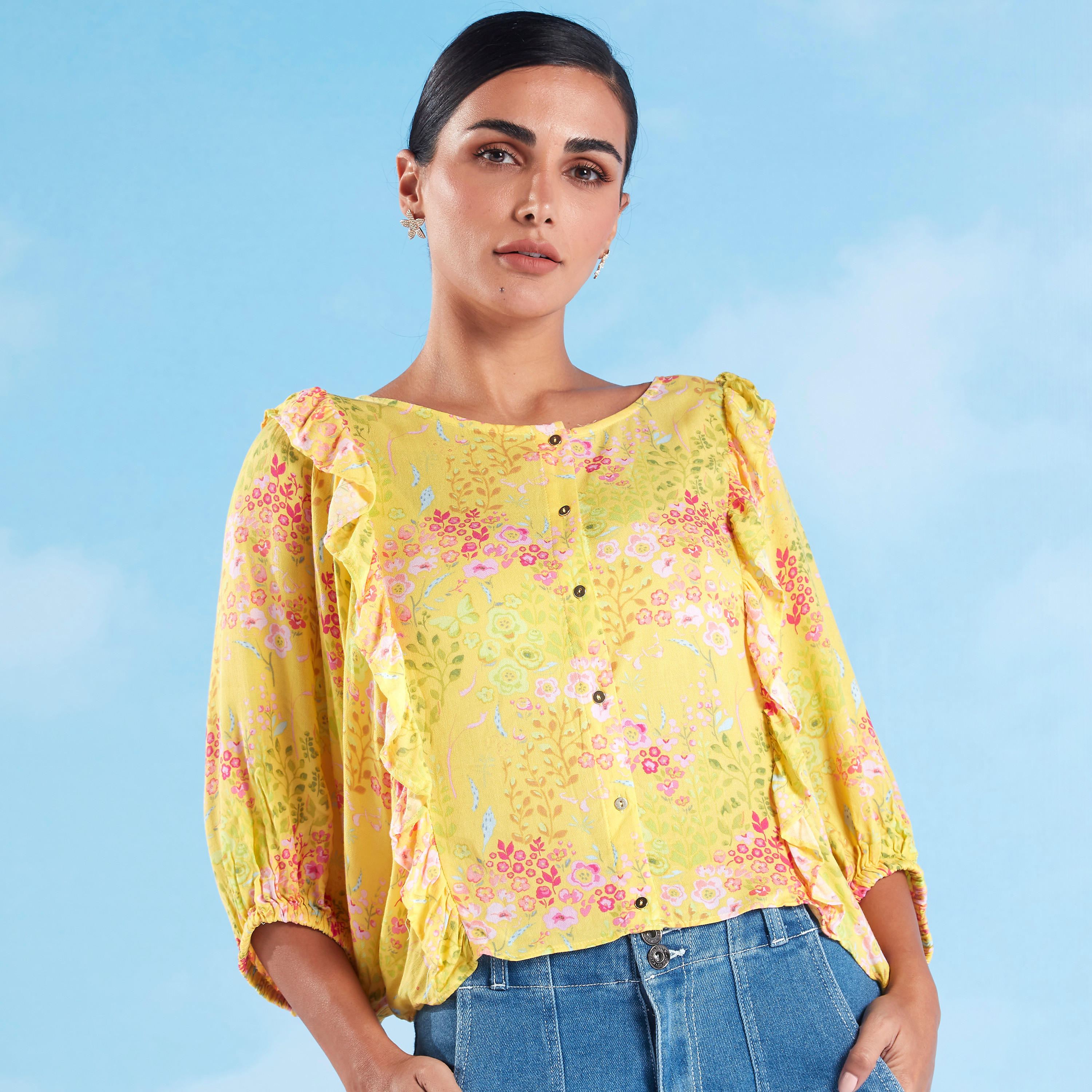 بلوزة بياقة مستديرة وأكمام 3/4 وطبعات زهرية-women-clothing-shirtsandblouses-blouses-image-1