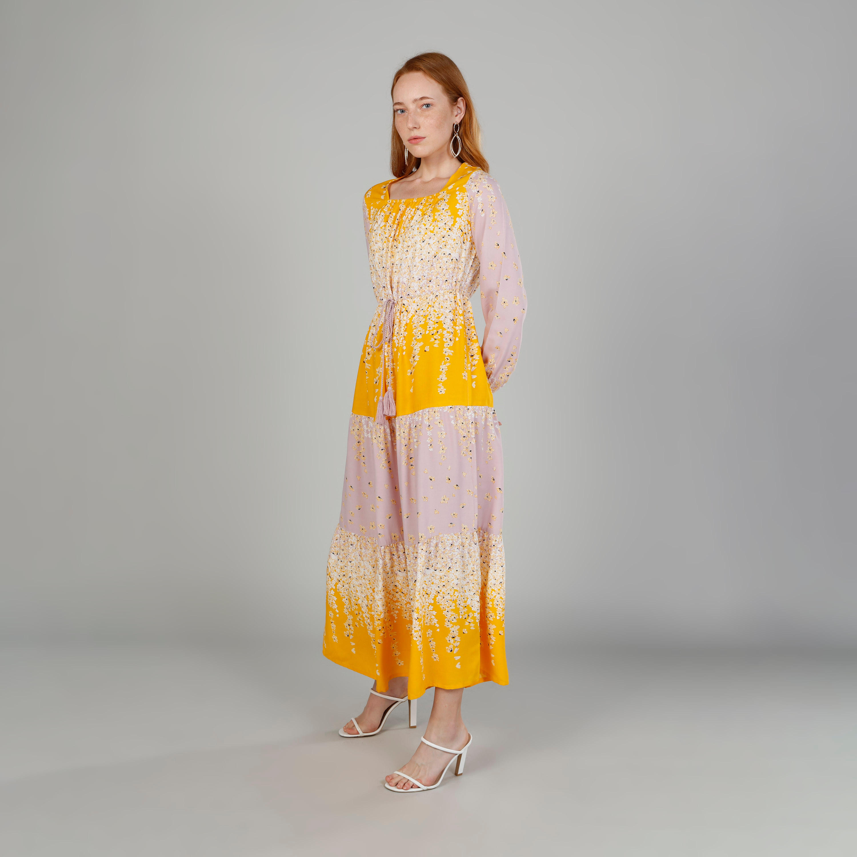 Printed Maxi A-line Dress with Round Neck and Bishop Sleeves-women-clothing-dresses-image-1