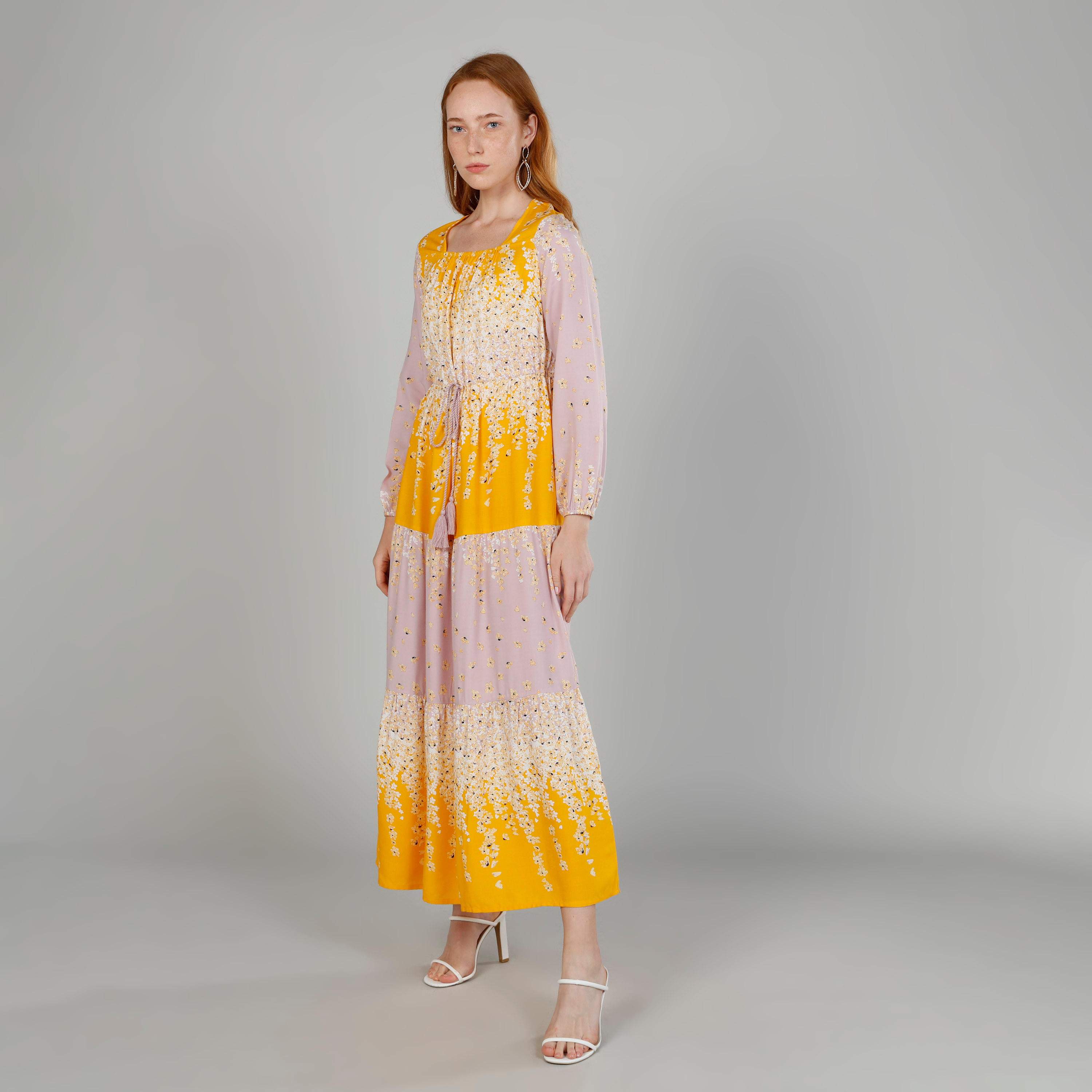 Printed Maxi A-line Dress with Round Neck and Bishop Sleeves-women-clothing-dresses-image-2