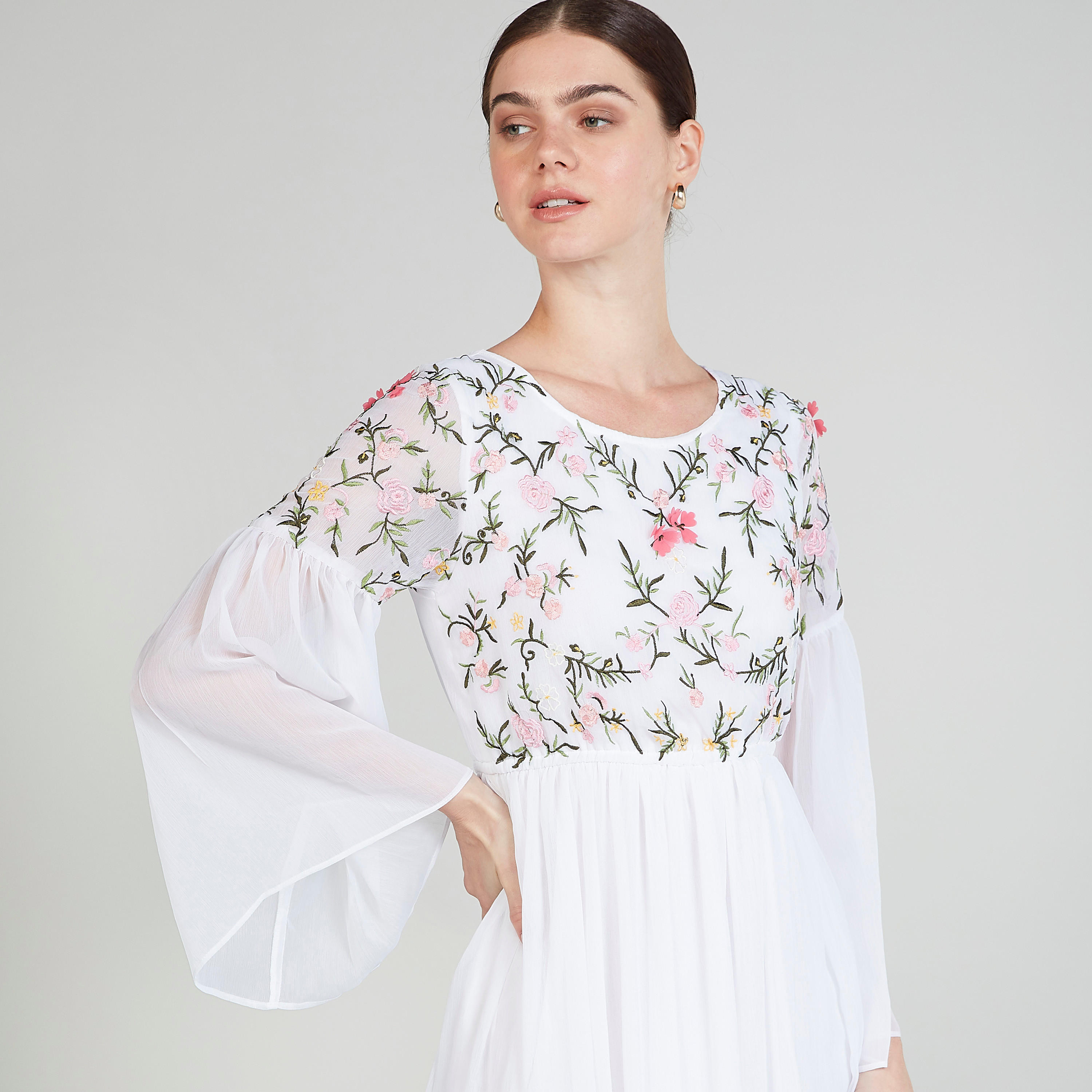 فستان إيه لاين طويل مطرز بأكمام واسعة-women-clothing-dresses-image-2