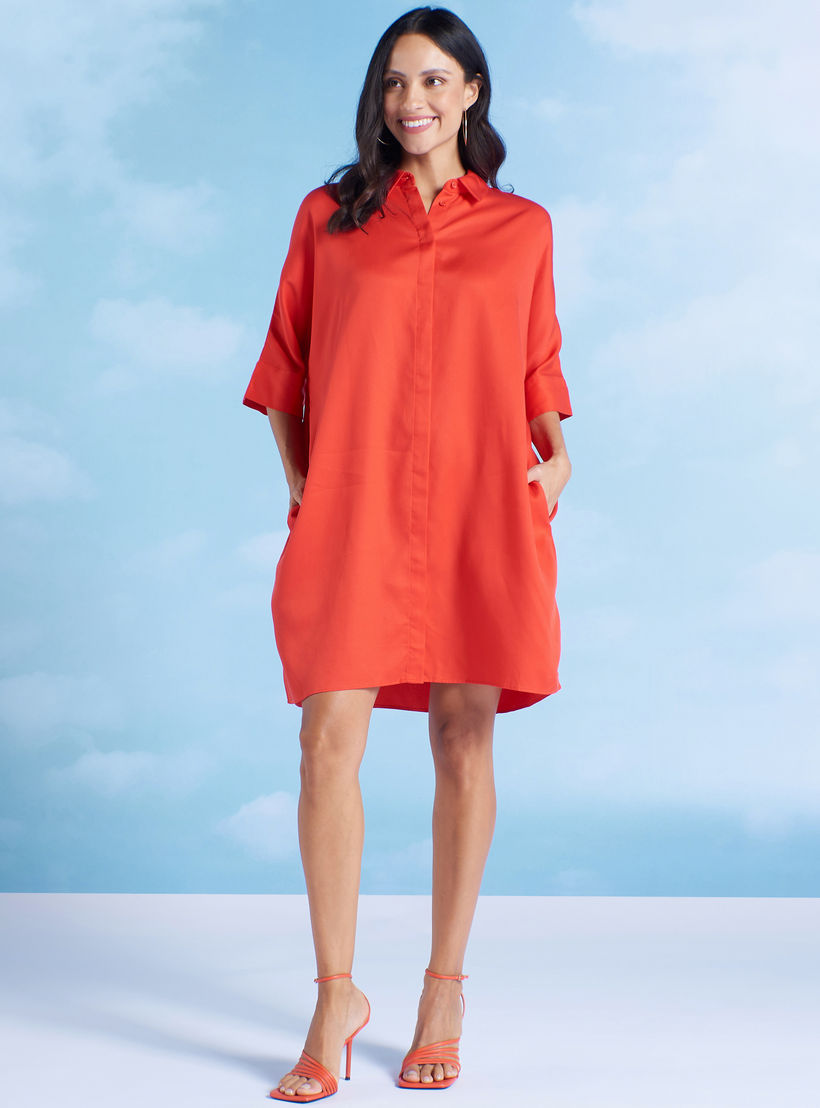 فستان قميص سادة فضفاض بأكمام 3/4 بتفاصيل جيوب-women-clothing-dresses-image-2