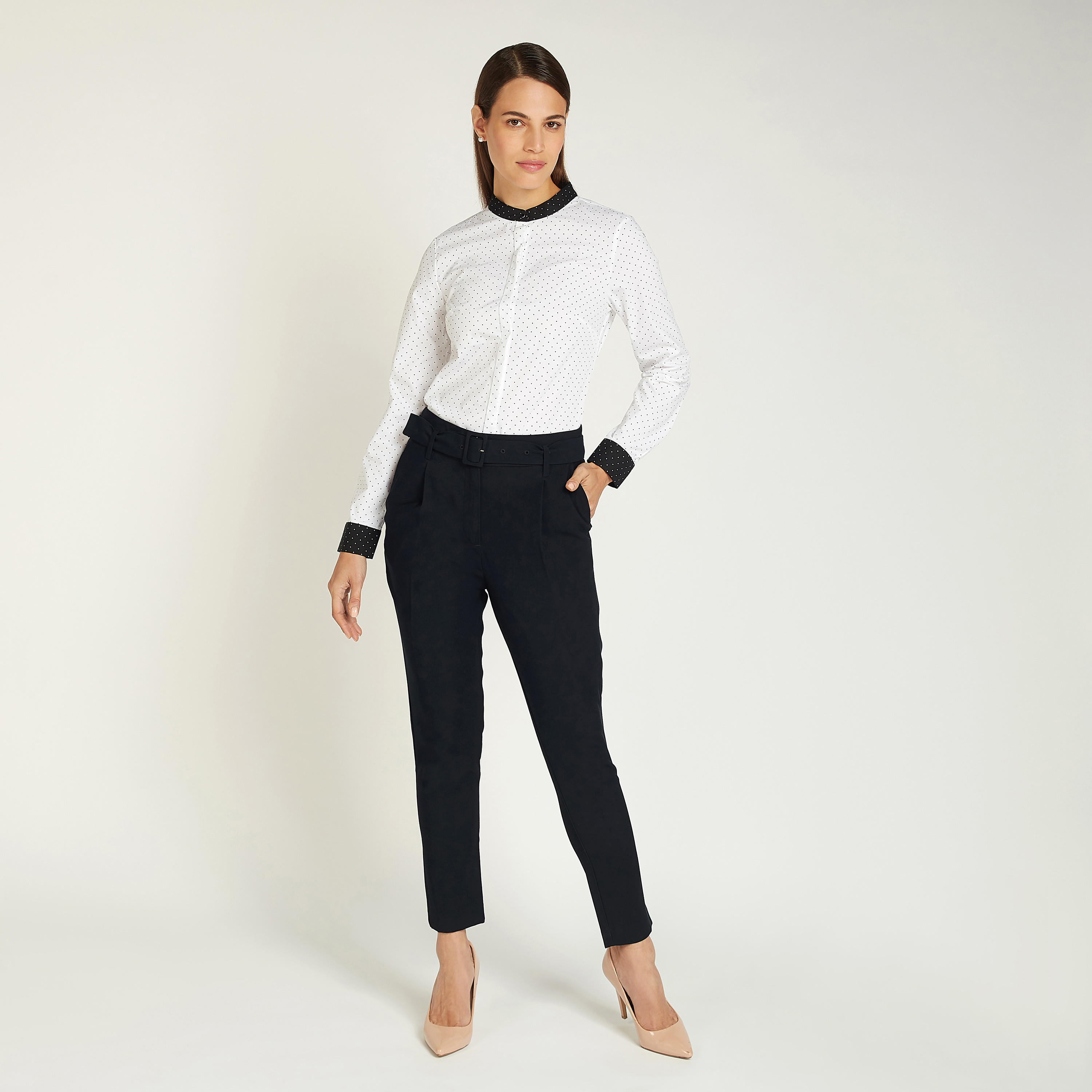 بلوزة مستدامة بياقة ماندارين وأكمام طويلة بطبعات منقطة-women-clothing-shirtsandblouses-blouses-image-2