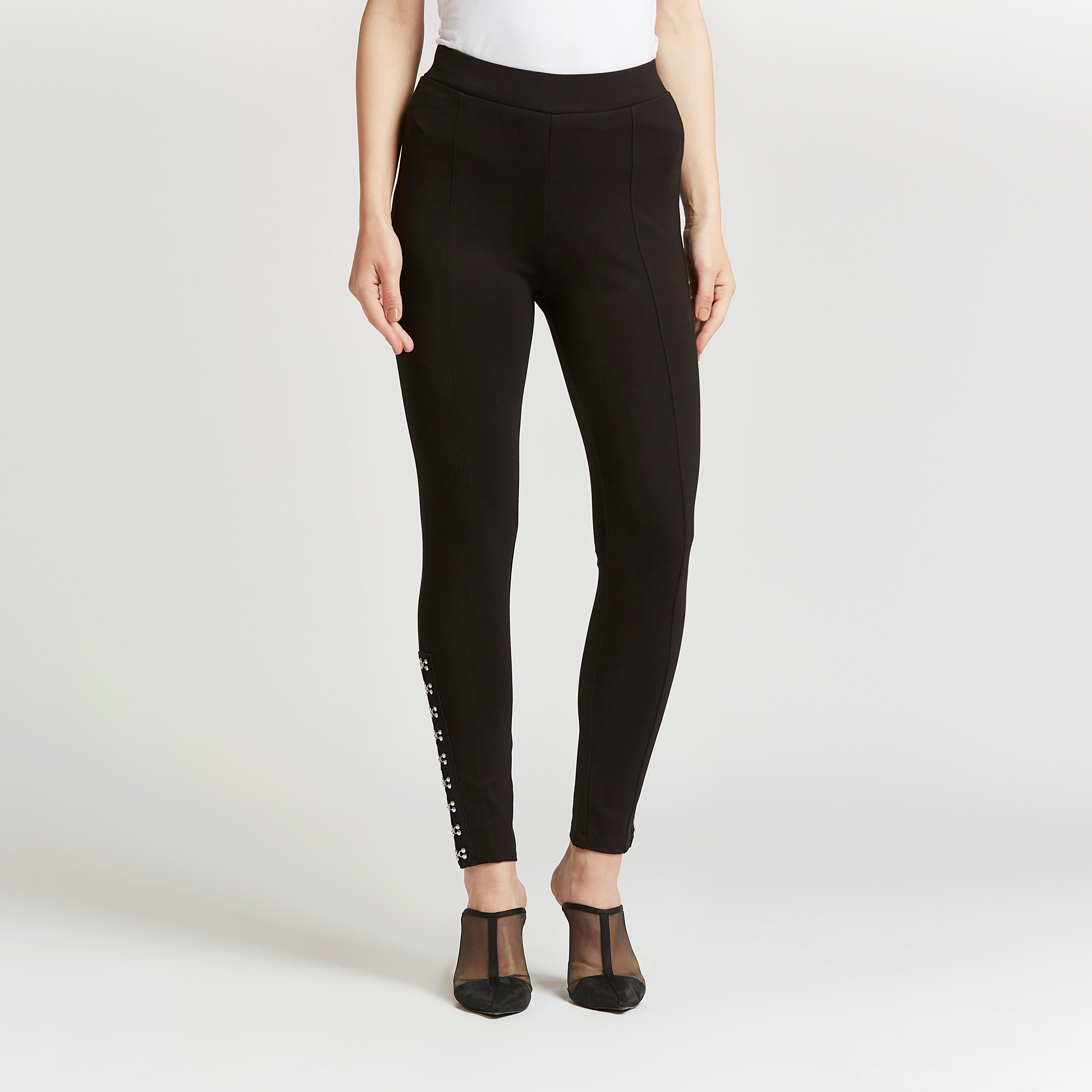 بنطلون ليقنز سكيني سادة بخصر مطاطي متوسط الارتفاع-women-clothing-bottoms-leggings-image-1
