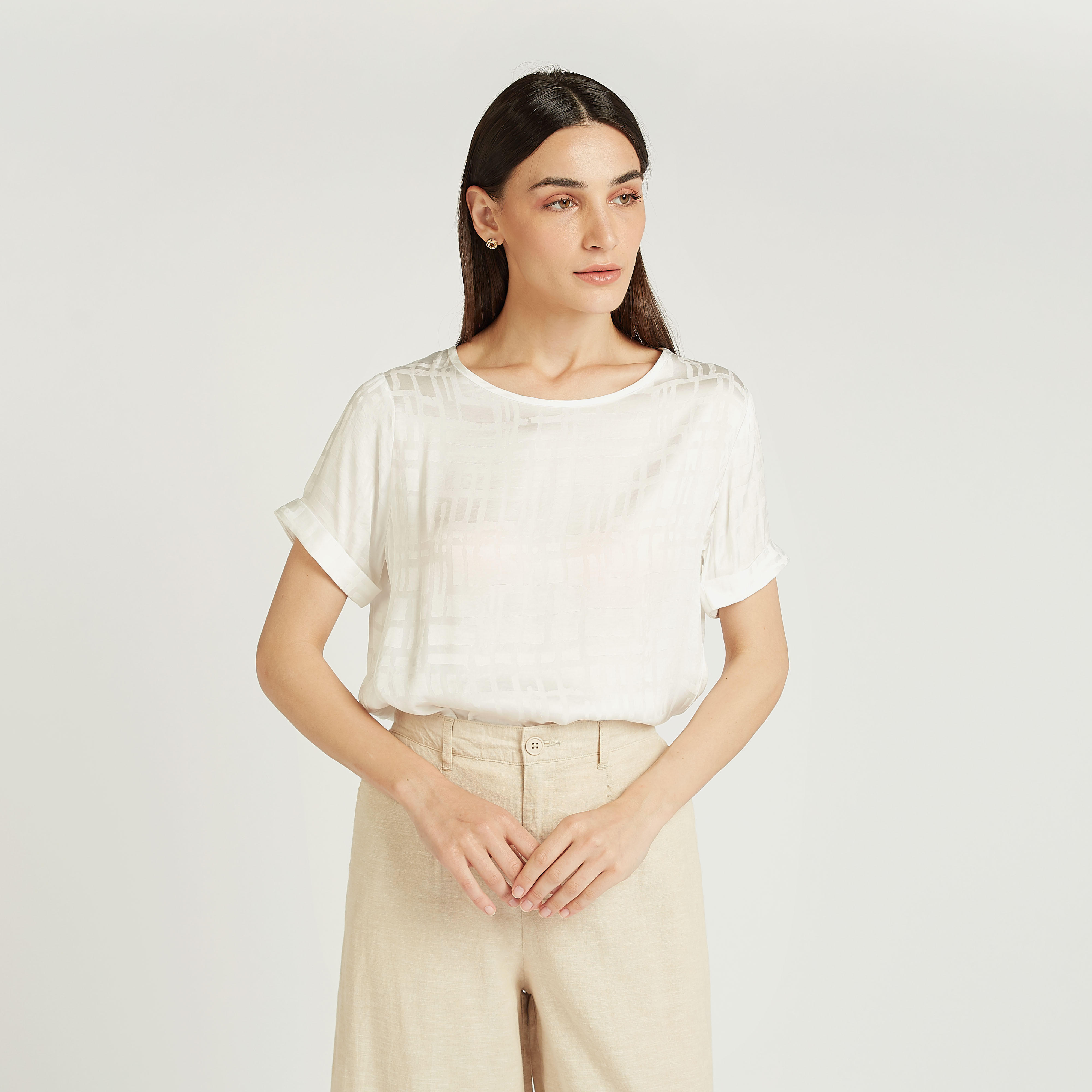 بلوزة كاروهات بياقة مستديرة وأكمام قصيرة-women-clothing-shirtsandblouses-blouses-image-1