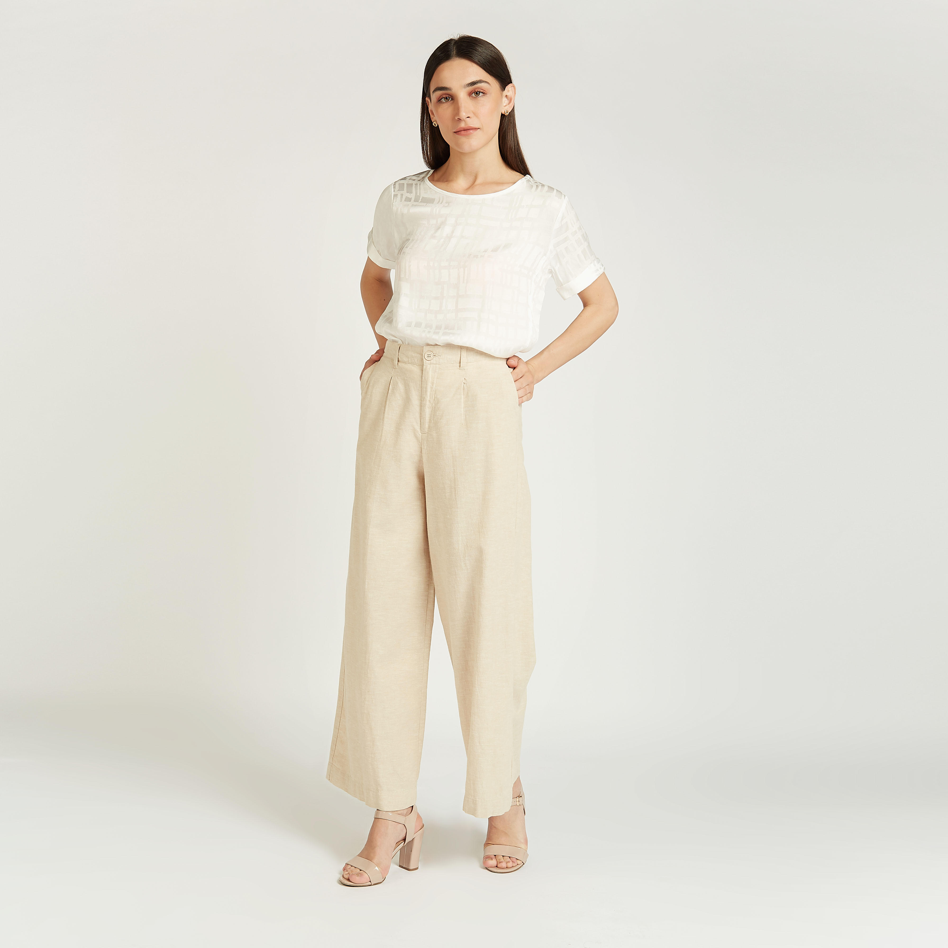 بلوزة كاروهات بياقة مستديرة وأكمام قصيرة-women-clothing-shirtsandblouses-blouses-image-2