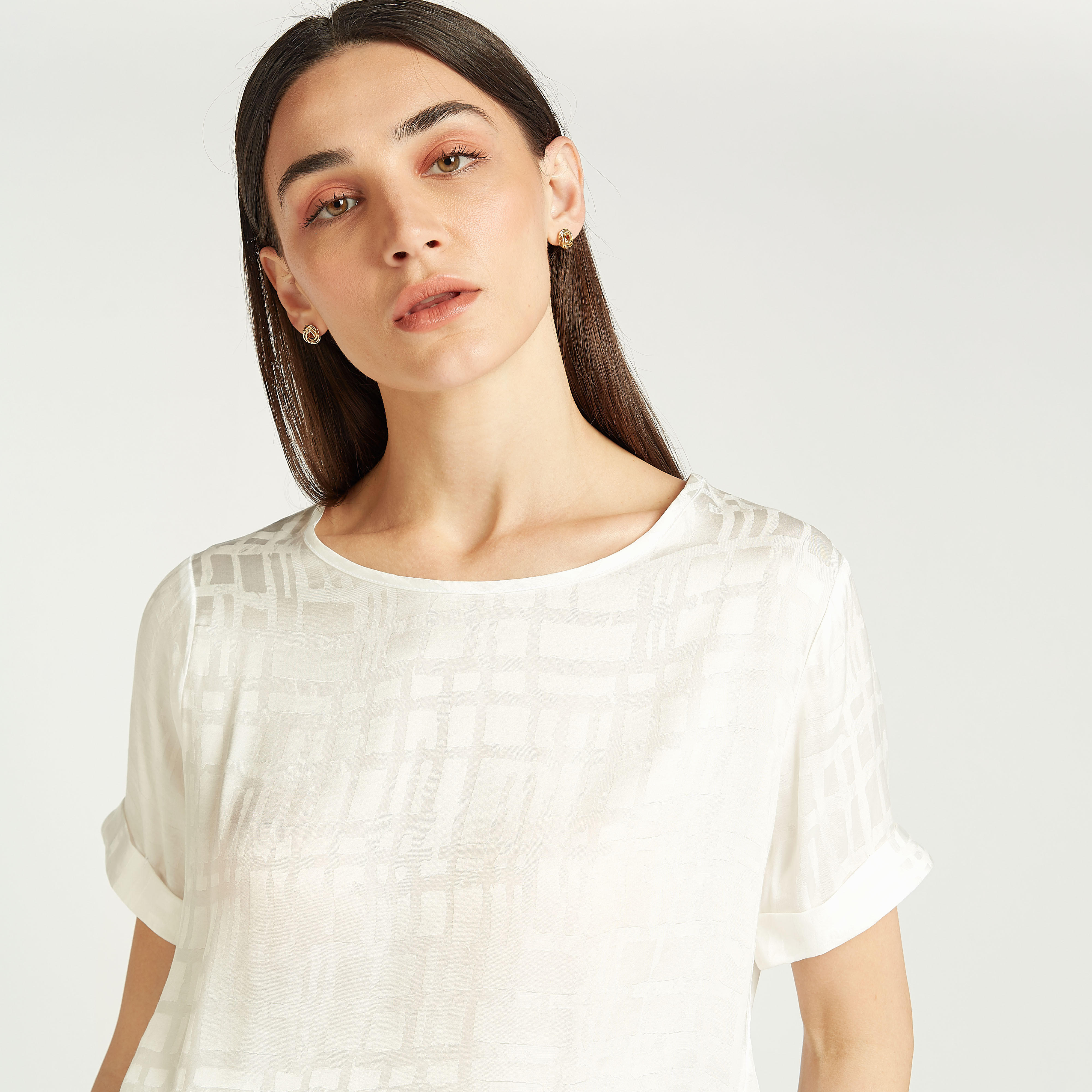 بلوزة كاروهات بياقة مستديرة وأكمام قصيرة-women-clothing-shirtsandblouses-blouses-image-3