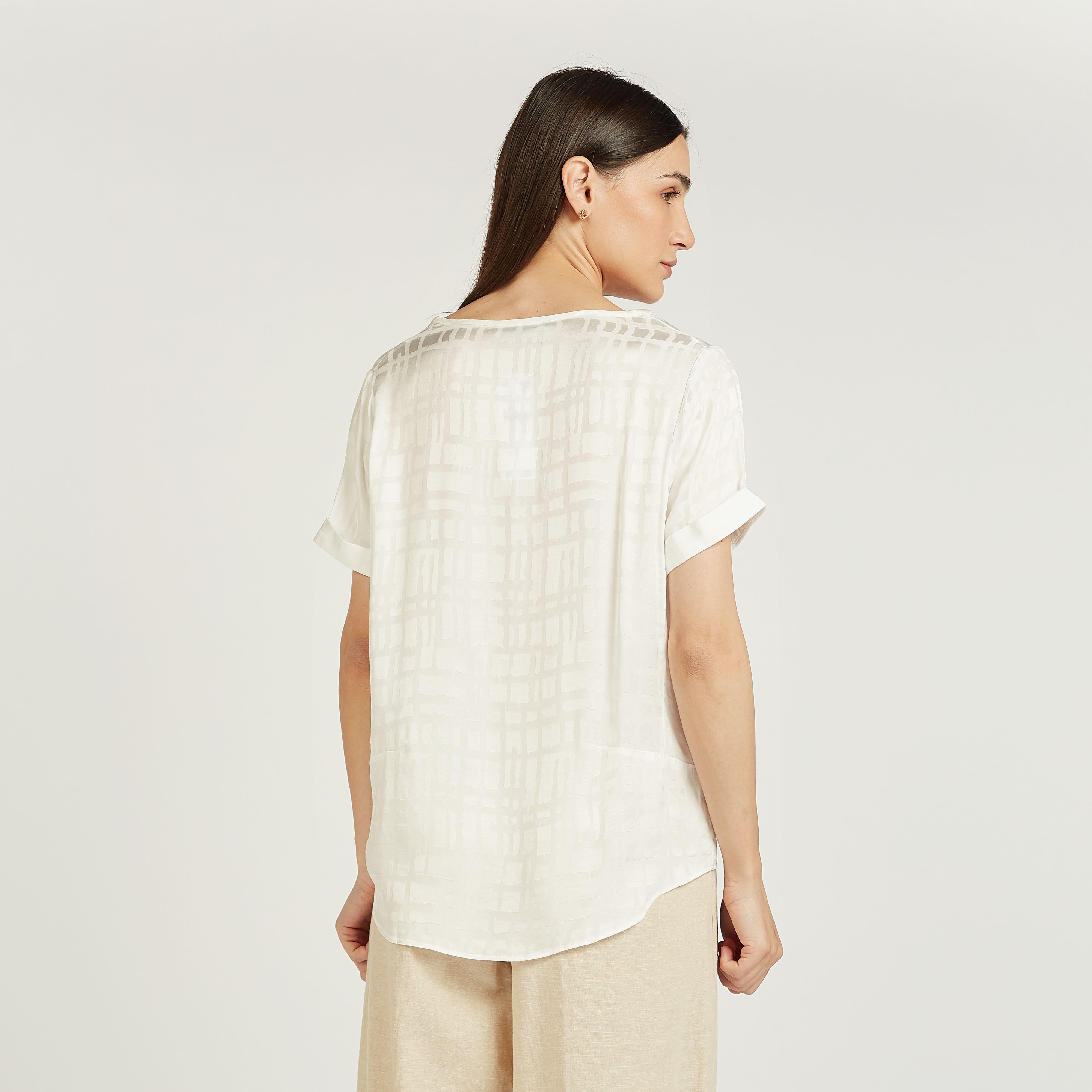 بلوزة كاروهات بياقة مستديرة وأكمام قصيرة-women-clothing-shirtsandblouses-blouses-image-4