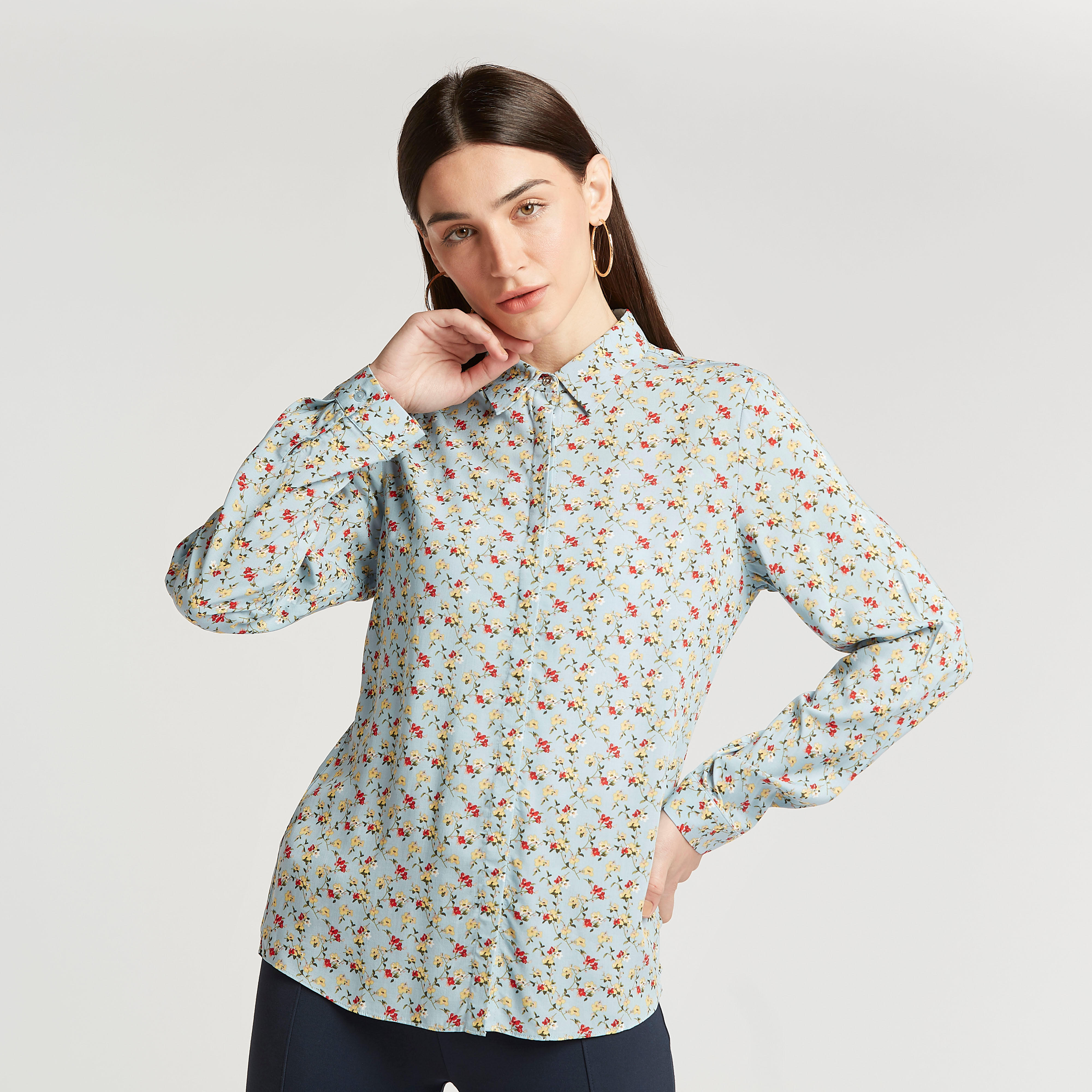 Floral Print Shirt with Long Sleeves and Concealed Placket-women-clothing-shirtsandblouses-shirts-image-1
