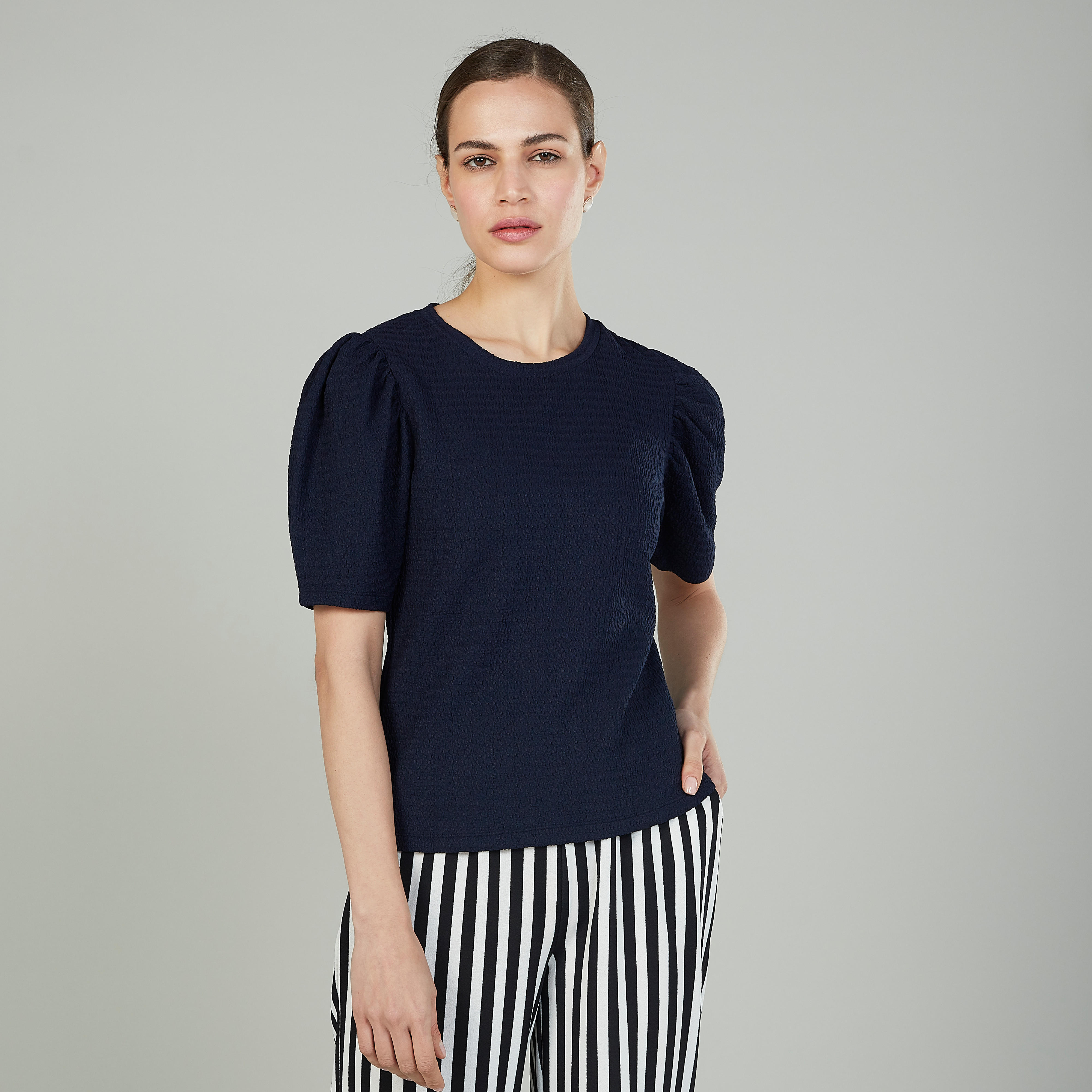 Textured Top with Round Neck and Short Sleeves-women-clothing-shirtsandblouses-blouses-image-1