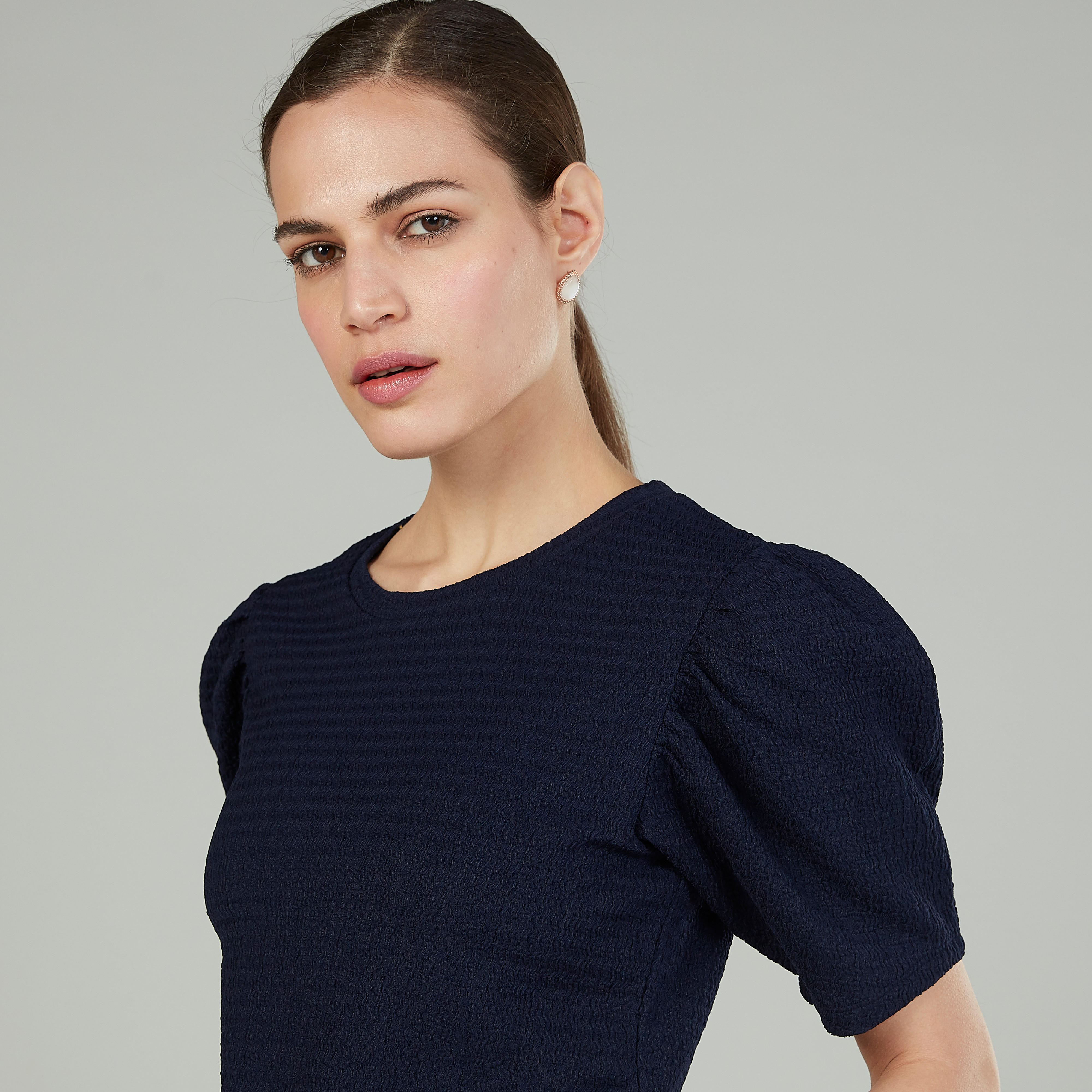 Textured Top with Round Neck and Short Sleeves-women-clothing-shirtsandblouses-blouses-image-3